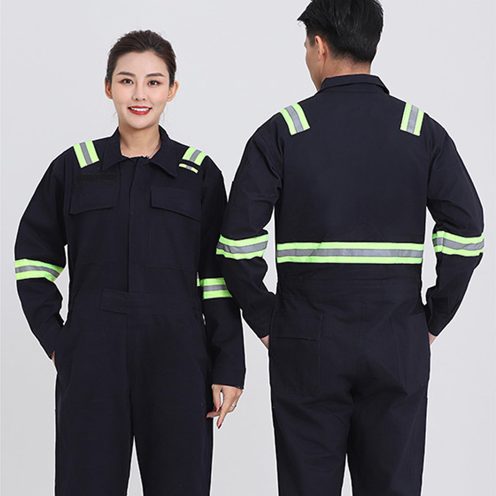 Mono De Trabajo De Manga Larga Algodón Zip-Front, Workwear Mono Con Raya Reflectante
