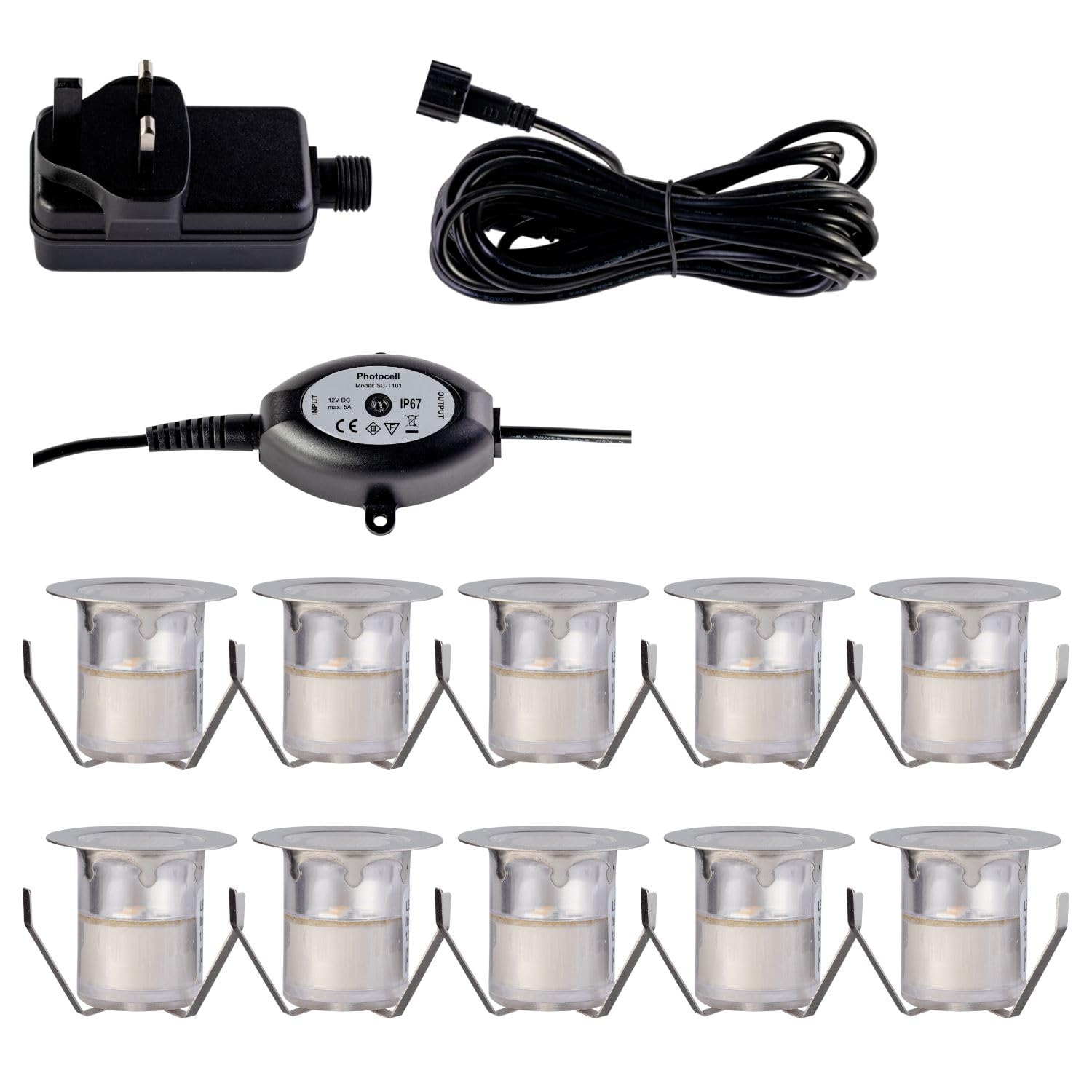 Firstchoicelighting Chrome & Clear Set Of 10-30Mm Led Decking Plinth Ground Light Kit With Dusk Dawn Sensor, Stainless Steel, Warm White 3000K, Ip67 Waterproof Recessed Outdoor Garden Bathroom Kitchen