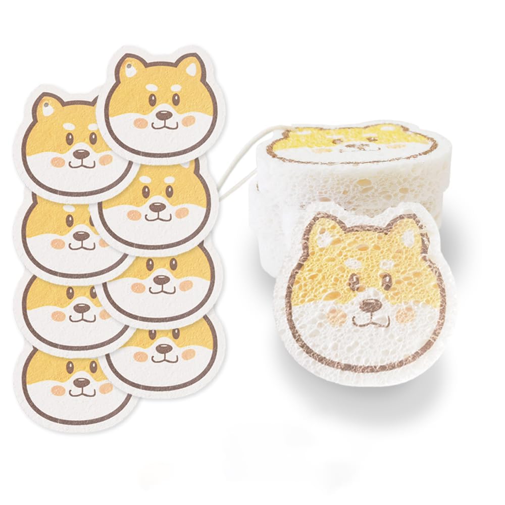 8 Pack Dishwashing Sponges, Happy Dog Scrub Sponges, MultiPurpose Microfiber Dishwashing Sponge for Dishes, Natural Wood Pulp Fiber High Efficient Absorbing Sponges for Kitchen and Household Cleaning