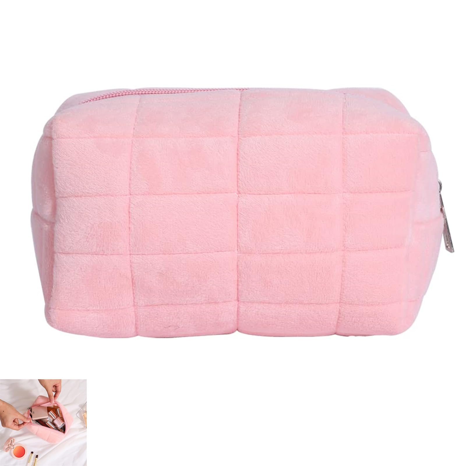 JoyzzzSmall Makeup Bag, Plush Makeup Bag, Cosmetic Bag for Women, Multifunctional Storage Package, Zipper Large Solid Color Travel Toiletry Bag, Travel Make up Toiletry Bag Washing Pouch (Pink)