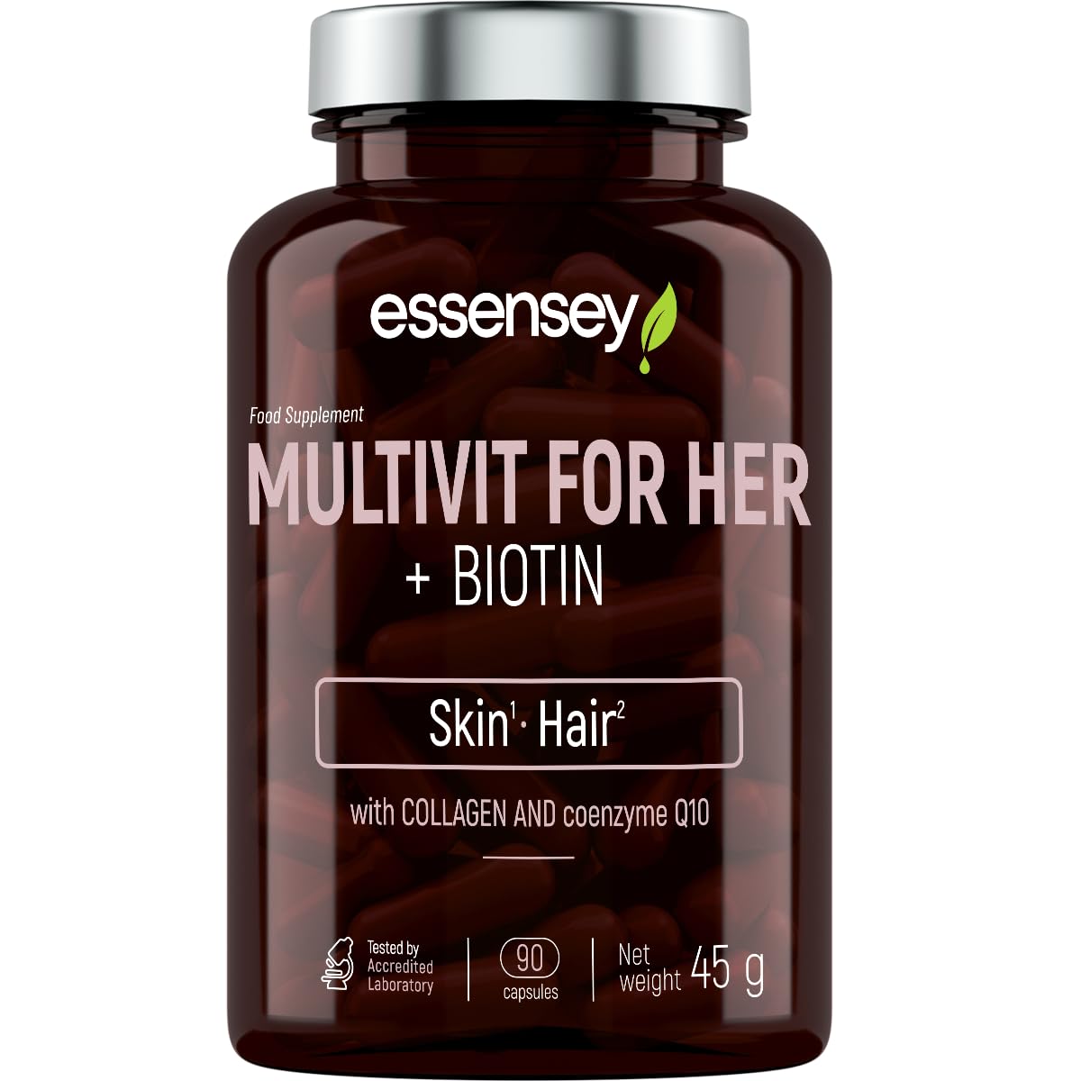 ESSENSEYMULTIVIT for HER + BIOTIN | 90 Capsules | Female Multivitamins | Energizing B6, B12, Collagen, Q10, CLA, Folic Acid | 18 Active Ingredients | Increases Energy Metabolism