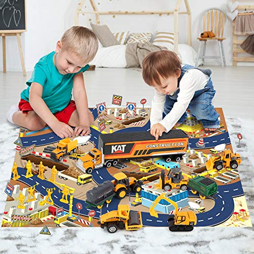 BeebeeRun Construction Vehicles Toys Set with Play Mat,44PCS Alloy Metal Trucks Car Play Set for Kids,Toy Trucks for 2 3 4 Year Old Boys,Gifts Boxed