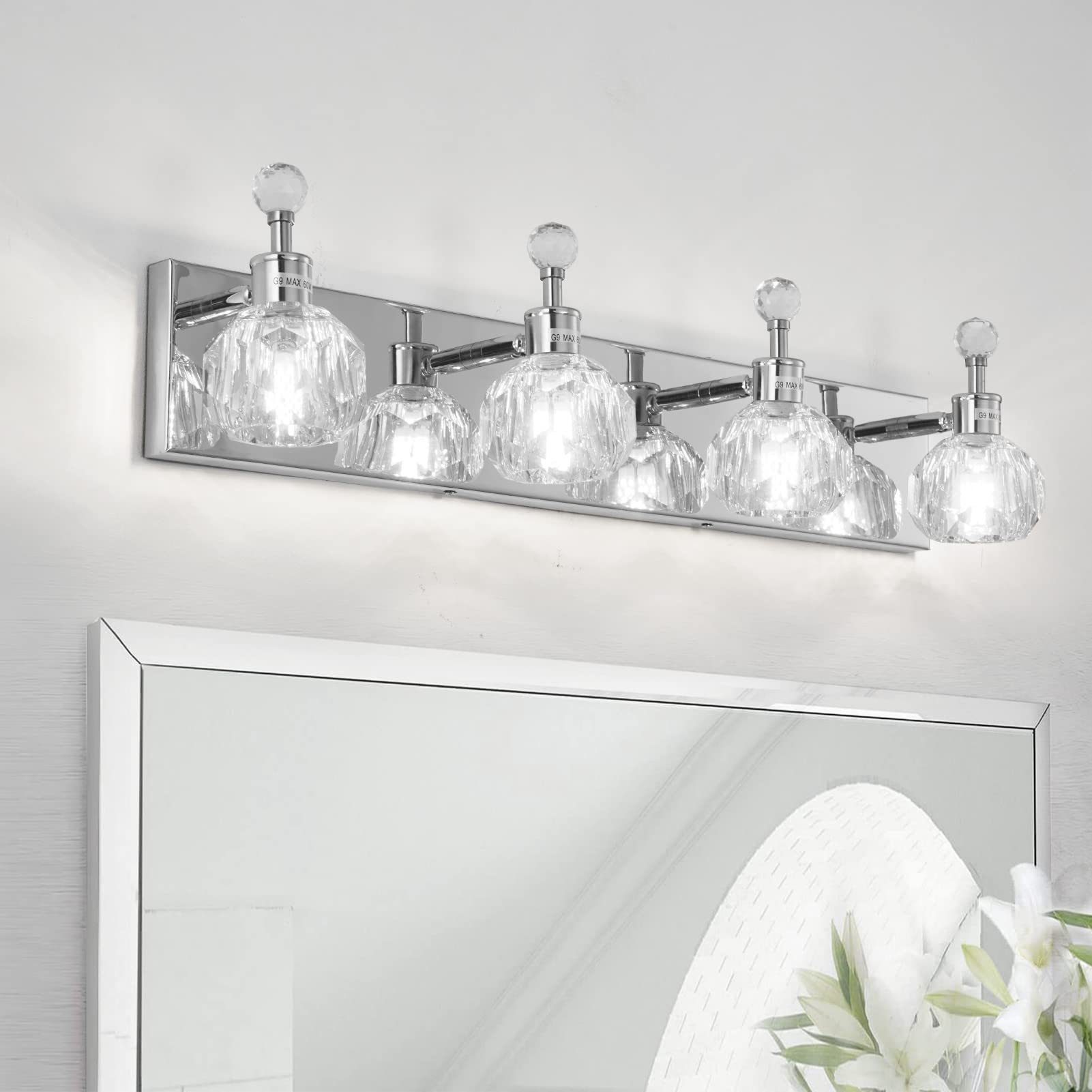 BEHIYA 4 Lights Bathroom Vanity Light, Crystal Bathroom Light Fixture Over Mirror, Brushed Nickle Silver Rotateable Indoor Wall Lights | Chrome Glass Modern Lampshade for Sink, Mirror & Foyer Corridor