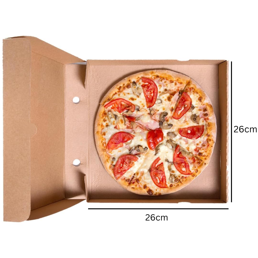 Lot de 100 Cartons à Pizza 26 x 26 x 4 cm | Boîtes pour Pizza | Emballage Compostable Carré | Carton Recyclé Marron