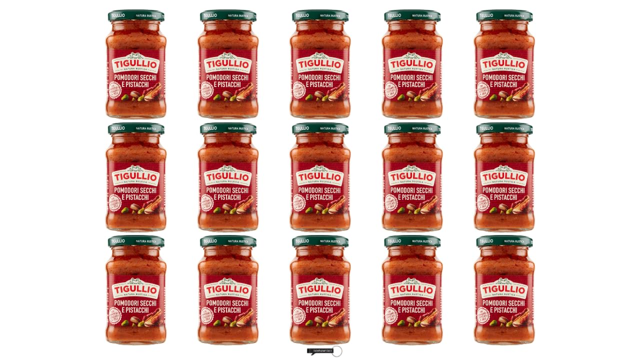 Tigullio Pesto con Pomodori Secchi e Pistacchi, 190 g, Confezione da 15, + portachiavi italy shop service