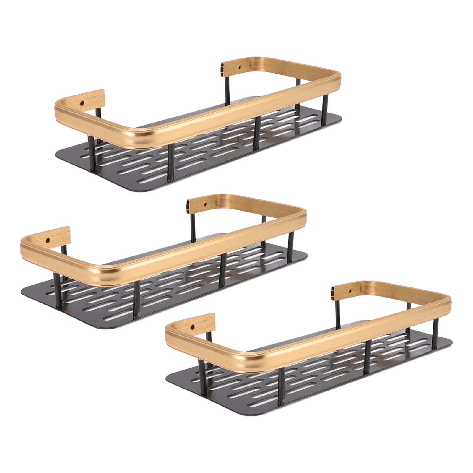 Estante de almacenamiento de ducha de 3 capas rectangular de aluminio sin perforaciones, cesta organizadora de ducha con calcomanías para el hogar, hotel, baño, cocina (negro dorado)