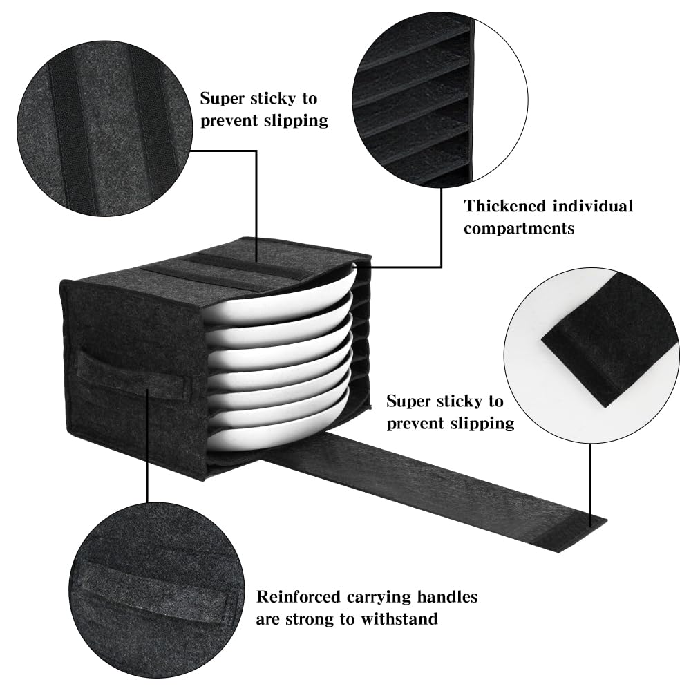 Lot de 2 porte-assiettes en verre pour caravane, camping-car, cuisine, camping, avec 8 compartiments pour assiettes et 6 porte-gobelets, sac de rangement de vaisselle en feutre avec poignées pour