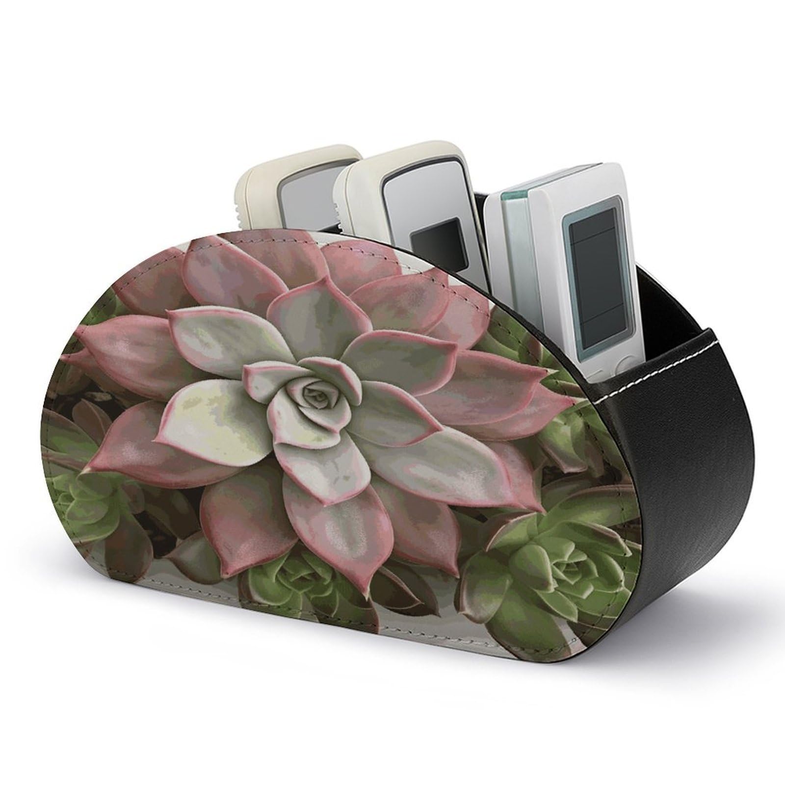 FekiLoot Succulent Botanical TV Remote Control Holder with 5 Compartments Multi-functional Leather Bedside Table Remote Caddy Desktop Storage Box for Store Pen Controller Media Player Cosmetic