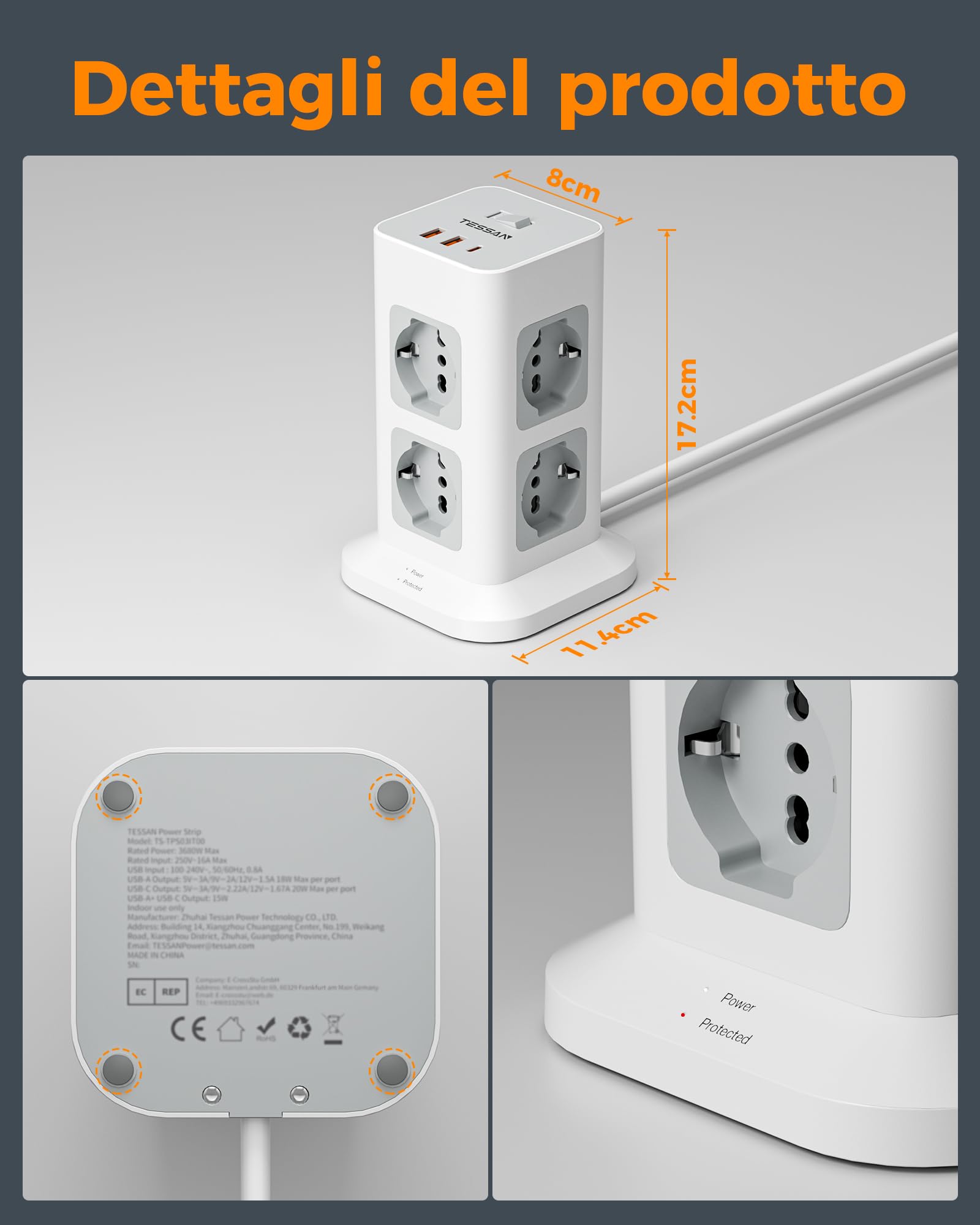 TESSAN Ciabatta Multipresa con USB 20W, Ciabatta Elettrica con 8 Prese IT 16A, Torretta Multipresa Protezione Sovratensione con Interruttore e Prolunga Elettrica 2 Metri, 3680W Presa, Girgio