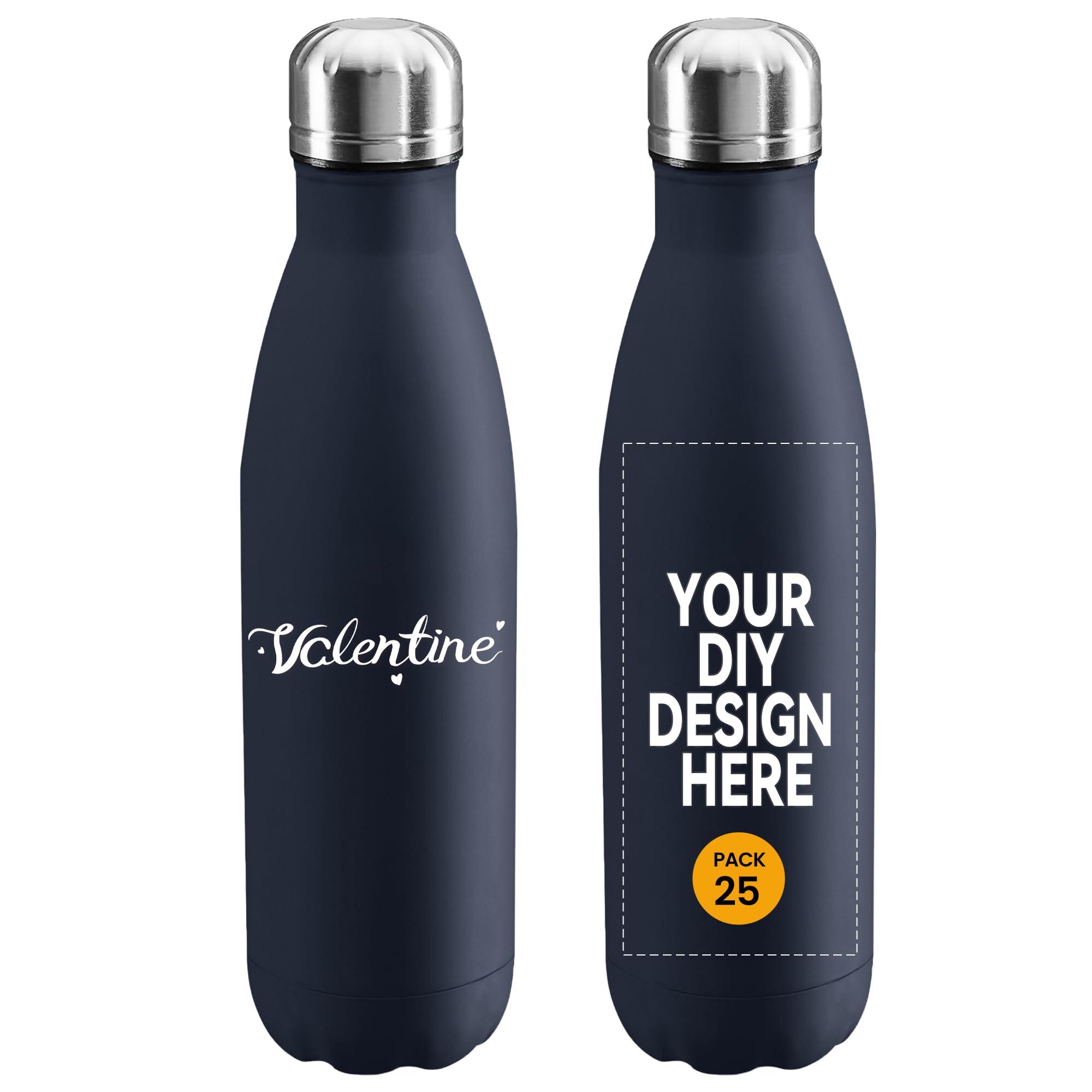 Personalized Custom 17oz Water Bottle, Stainless Steel Insulated Double Wall Vacuum Water Bottle Leak-Proof Cups for Sports & Travel (Navy, 25 pack)