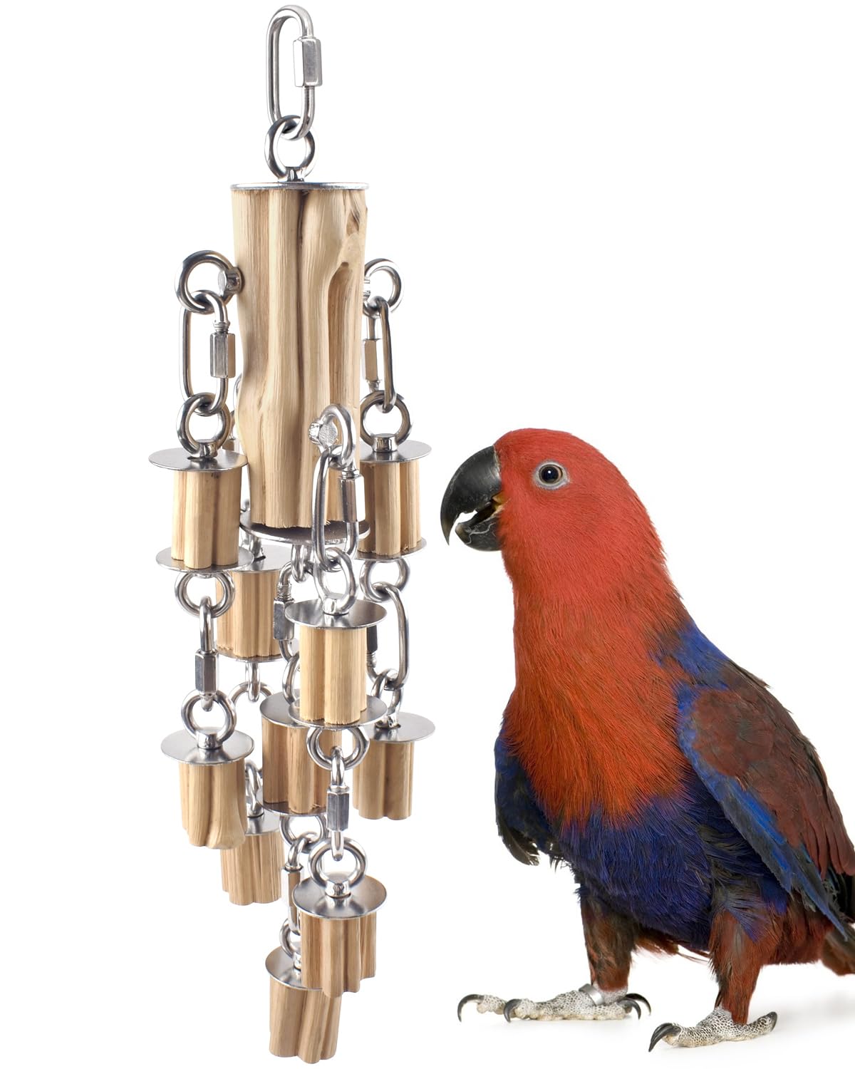 KATUMO Parrot Toys for Large Birds with Detachable Parts, 304 Stainless Steel and Natural Hardwood Chew Toy for Macaw, Cockatoo, African Greys, Medium to Large Parrots, Safe and Durable