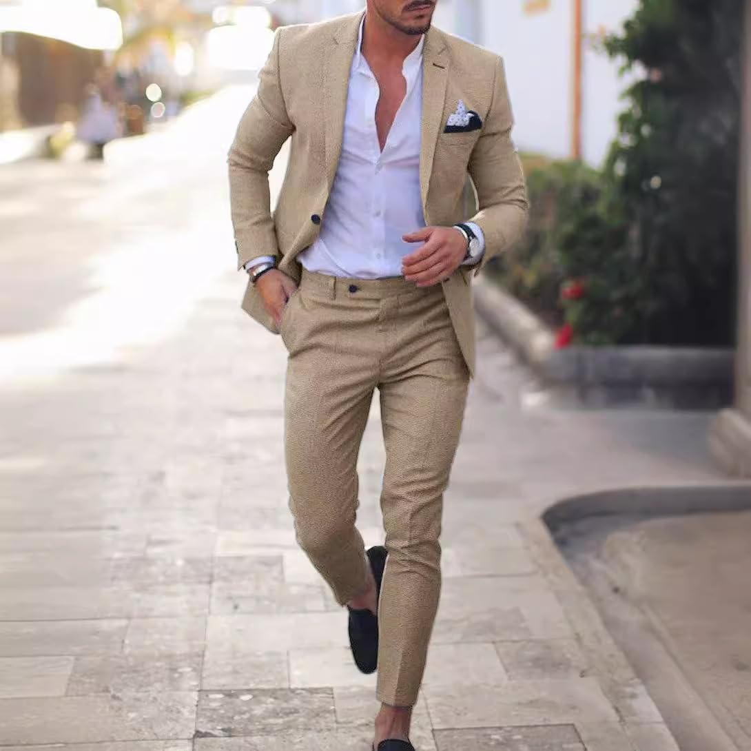 Conjunto de traje de lino para hombre, esmoquin casual, 2 piezas, blazer de ajuste regular, chaqueta y pantalones sólidos con un botón, para graduación, boda, fiesta