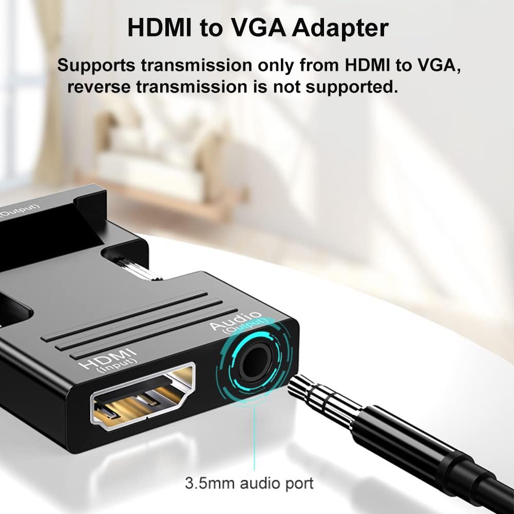 Adapter HDMI do VGA z kablem audio 3,5 mm, konwerter 1080P 60Hz VGA na HDMI, adapter HDMI żeński na VGA męski, kompatybilny z laptopem (VGA) i projektorem TV (HDMI)