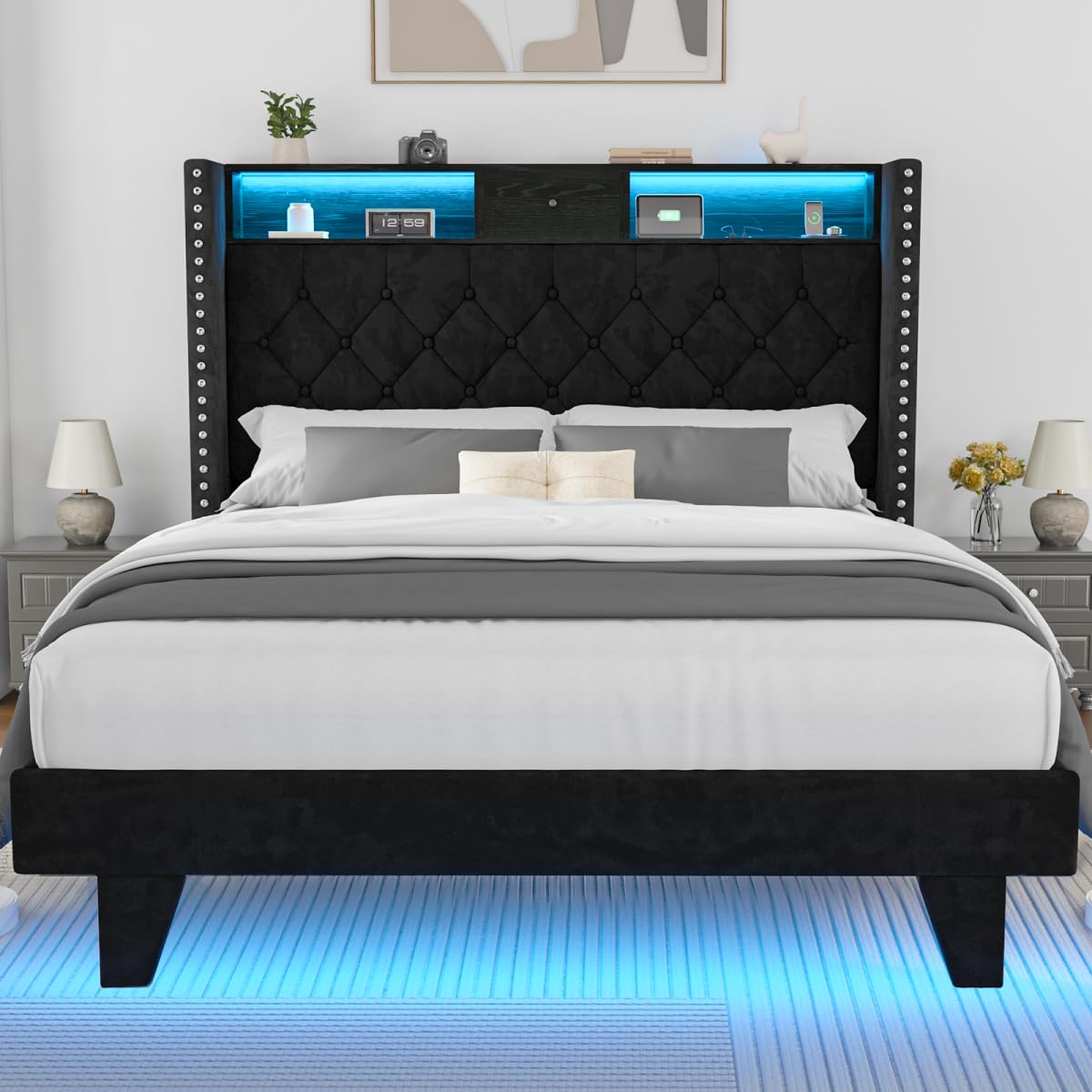 Otevehde LED Queen Size Bed Frame with USB Charging Station, Velvet Upholstered Platform Bed Frames with Button Tufted Wingback Storage Headboard,