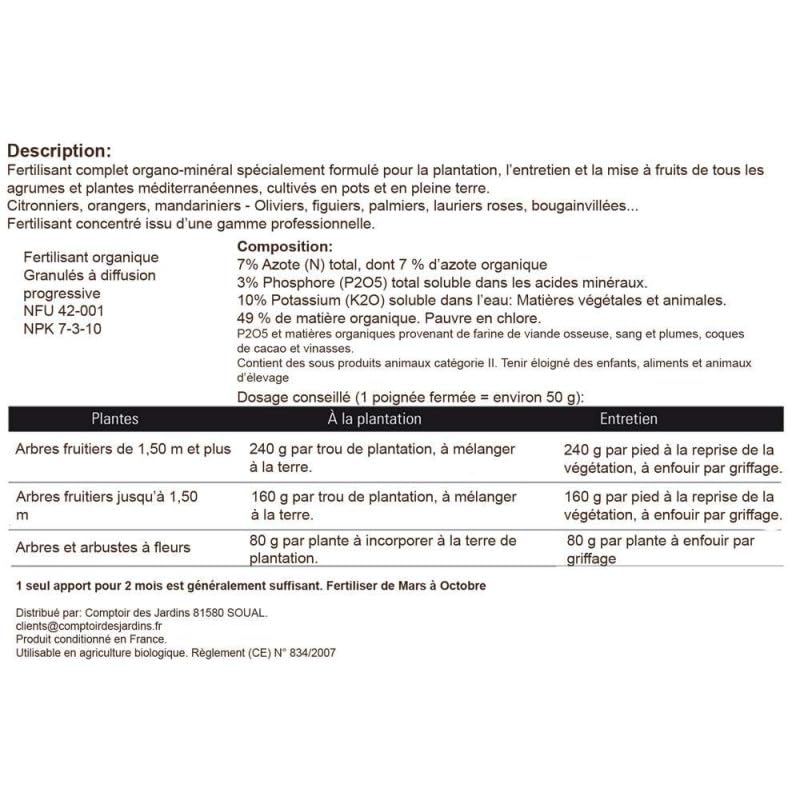 Engrais Agrumes Et Méditerranéennes 1kg - NPK 7-3-10 - Bio Et Pro