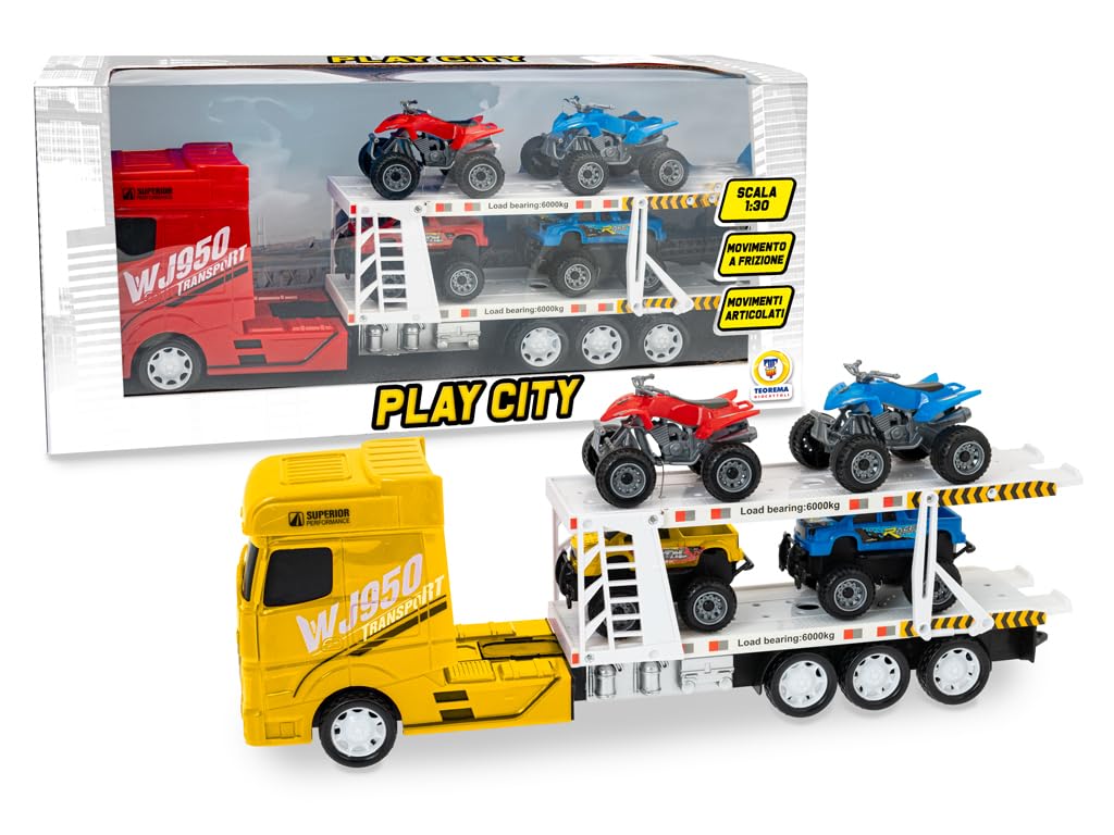 Teorema PLAY CITY WJ950 Truck Bisarca Transport z Quads, Skala 1:30, ruch sprzęgła, różne kolory czerwony i żółty