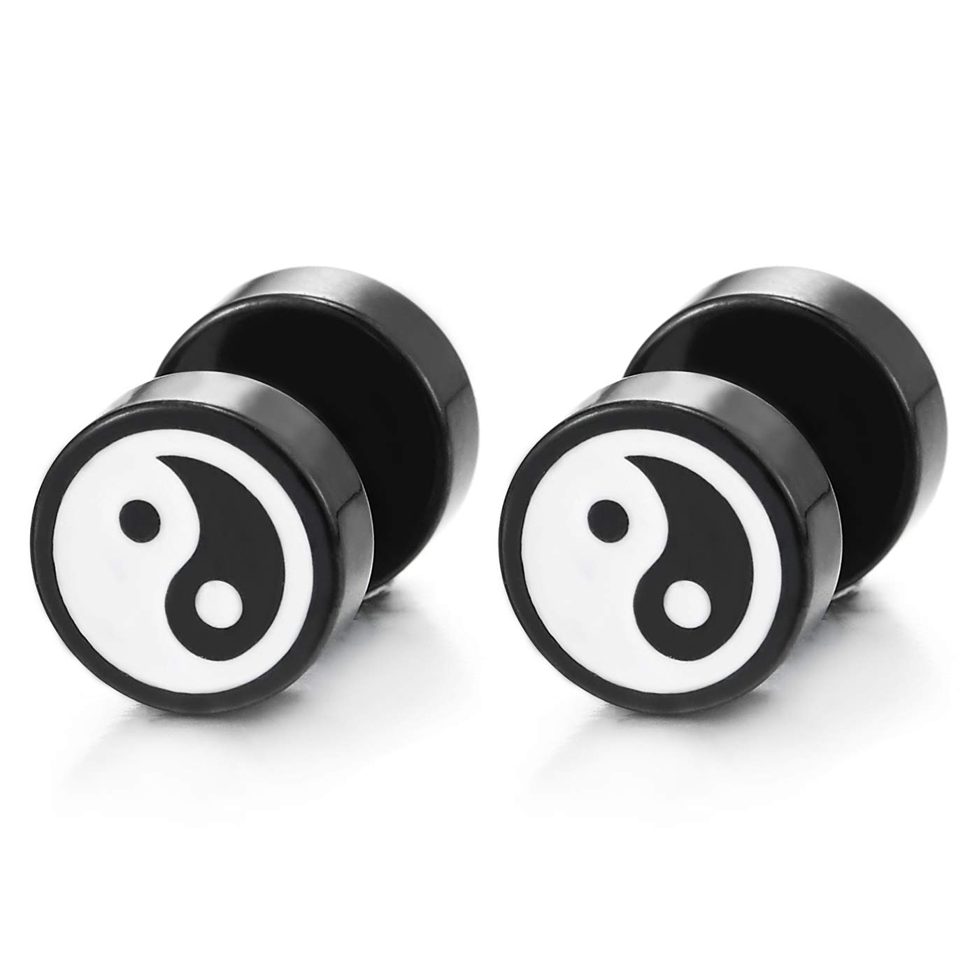 Mens Womens Black White Yin-yang Stud Earrings, Steel Illusion Tunnel Cheater Fake Ear Plugs Gauges, Metal Alloy Steel, No Gemstone
