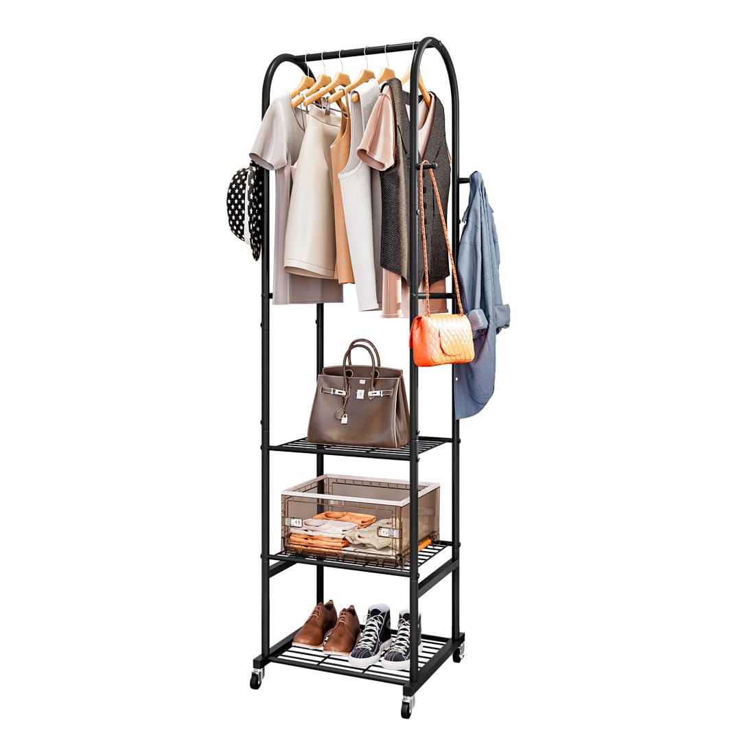 Dazioter Clothes Rail 3-Tier Metal Shelves With Wheels,Clothes Rack For Hanging Clothes,Clothes Rails With 4 Hooks Wardrobe Organizer for Small Space (Black, 46.3 * 42 * 183cm)