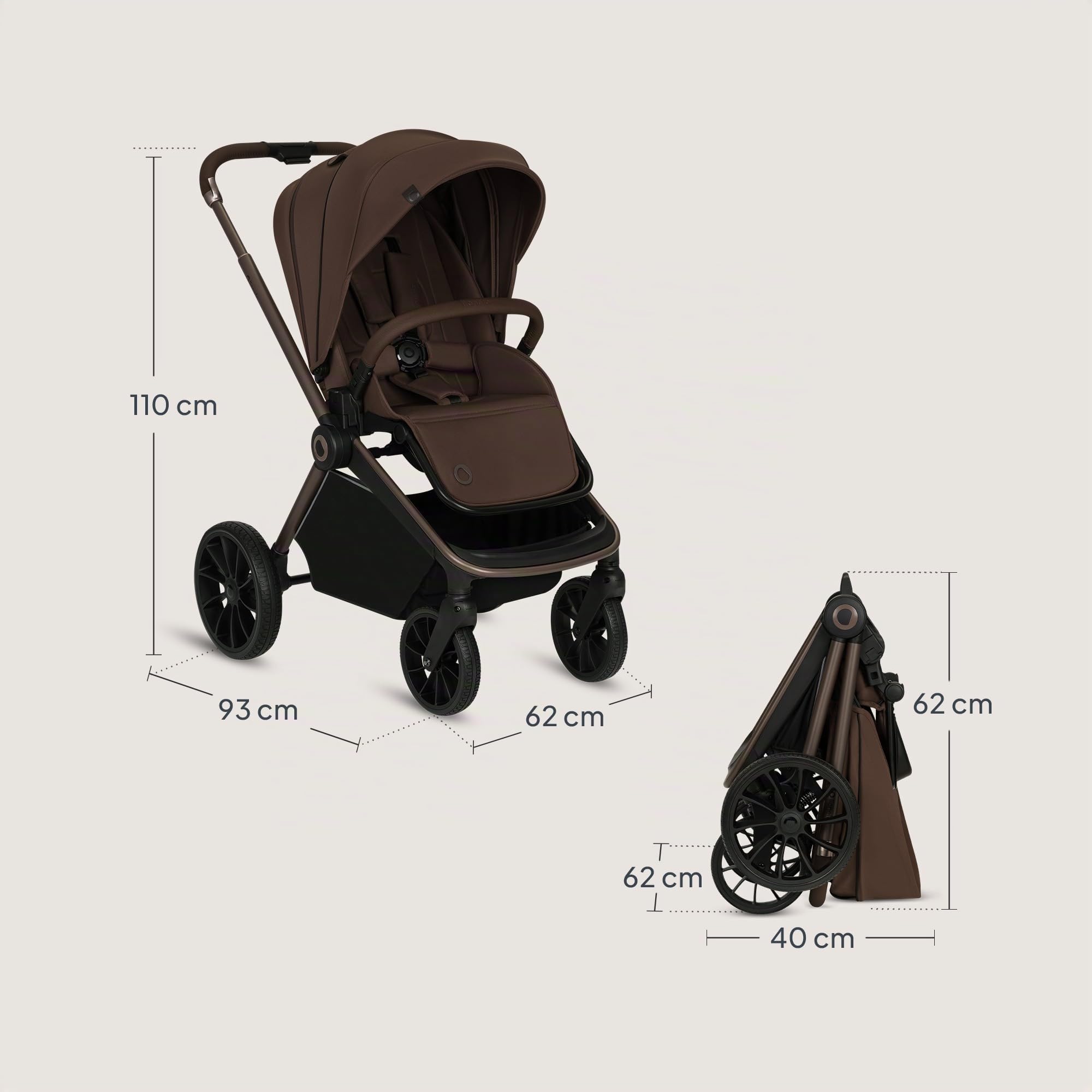 LIONELO Mika Plus Poussette & Buggy, De 6 Mois jusqu'à 22 kg, Roues Tout Terrain avec Suspension Pare-Soleil XXL UPF50+, Dossier et Repose-Pieds Réglables, Hydrofuge, Léger Pliable, Marron