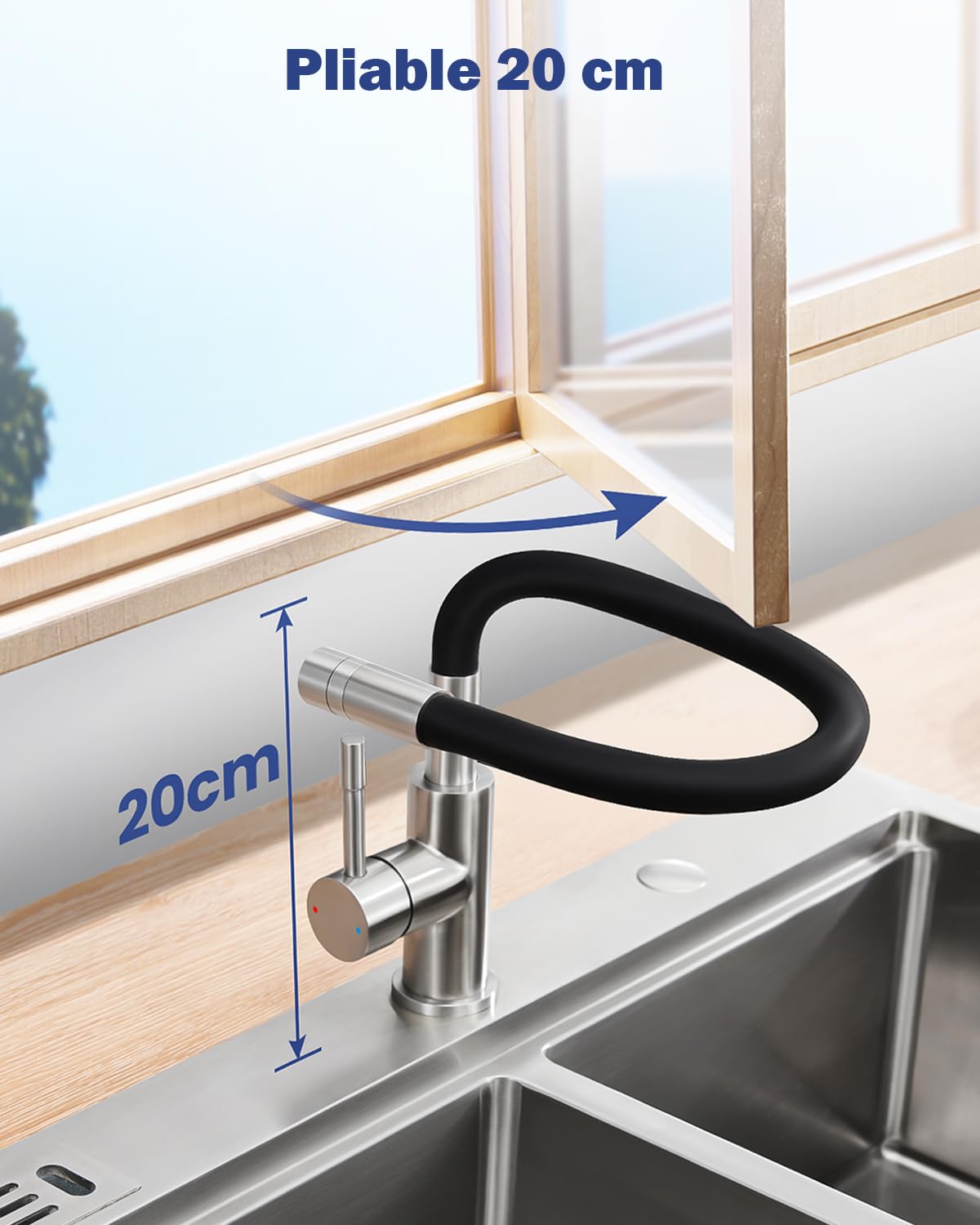 Robinet Cuisine avec Mitigeur et 2 Types de Jets, Pivotant à 360°, Noir