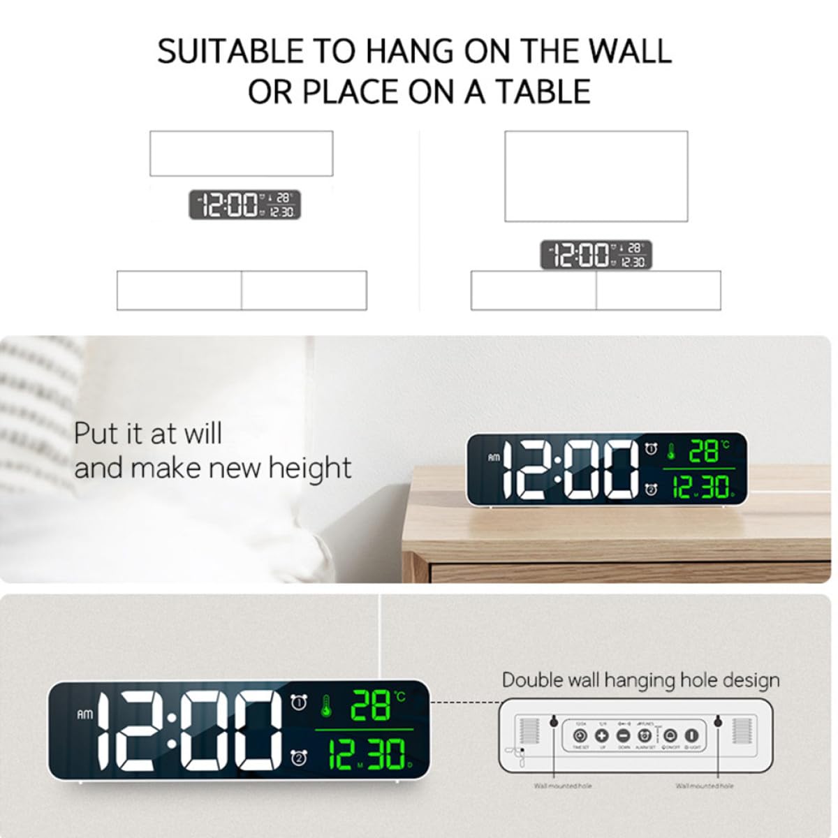 Reloj Despertador Digital LED Blanco 5 Niveles de Brillo Ajustable y 40 Melodías Clásicas para Decoración del Hogar y Uso Enchufable