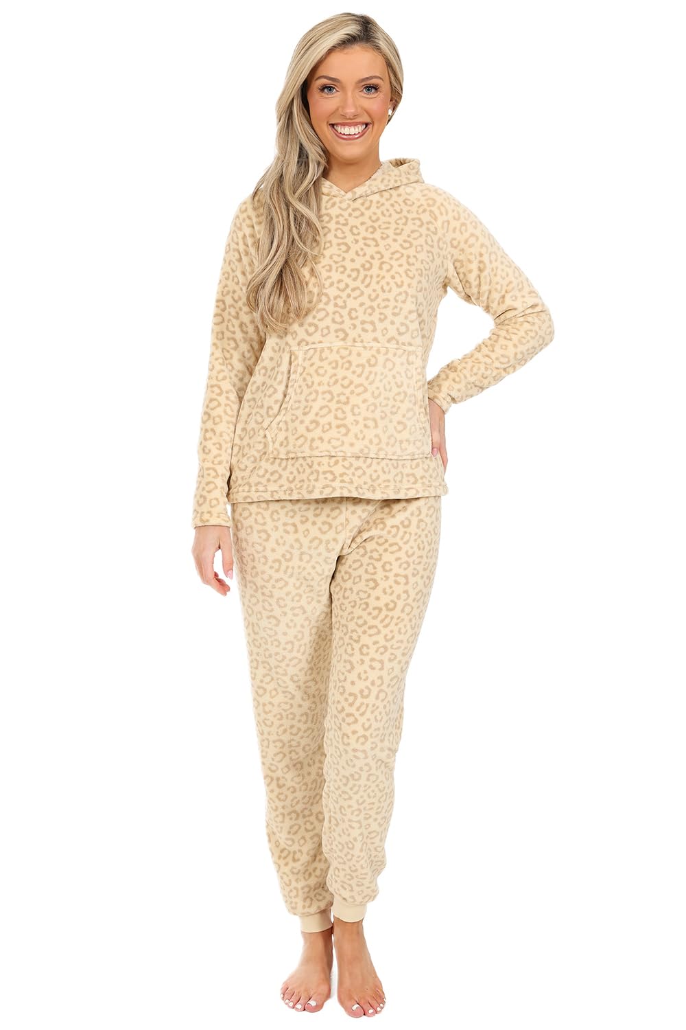 Thepyjamafactory Women's Beige Leopard Print Long Fleece Pyjama Set Pjs (8-10)
