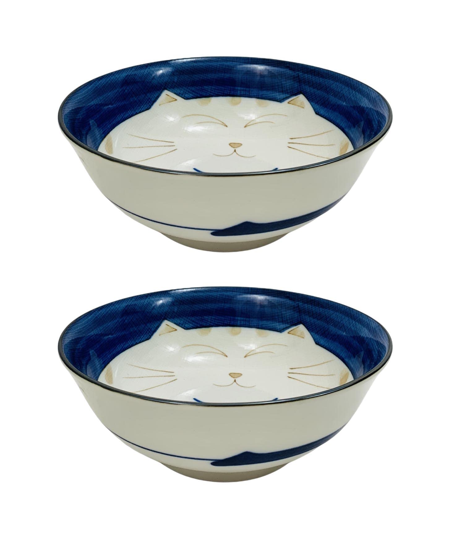 JapanBargain Lot de 2 grands bols japonais en porcelaine, 19,1 cm, ramen Udon, nouilles, riz, soupe, poke, céréales, motif chat porte-bonheur souriant, bleu, fabriqué au Japon