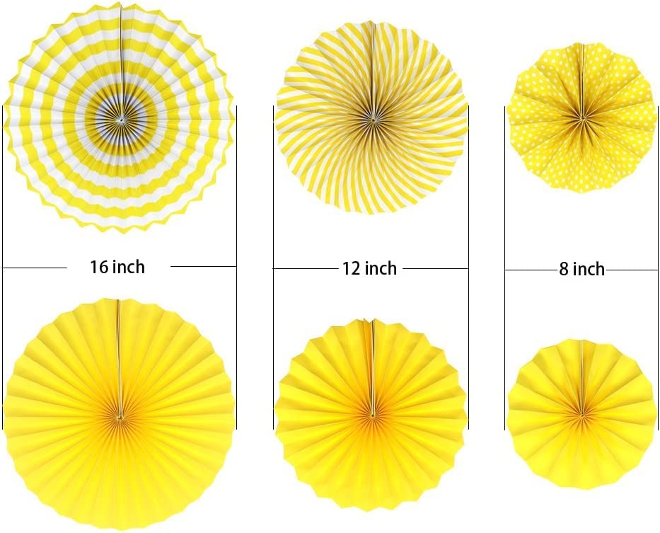 Image of 6 pcs Yellow Hanging Paper Fans for Party Decoration Colorful Patterns Party Fans for Birthday Anniversary Bridal Shower Baby Shower Christmas Diwali & Wedding Decor (Pack of 6, Yellow)
