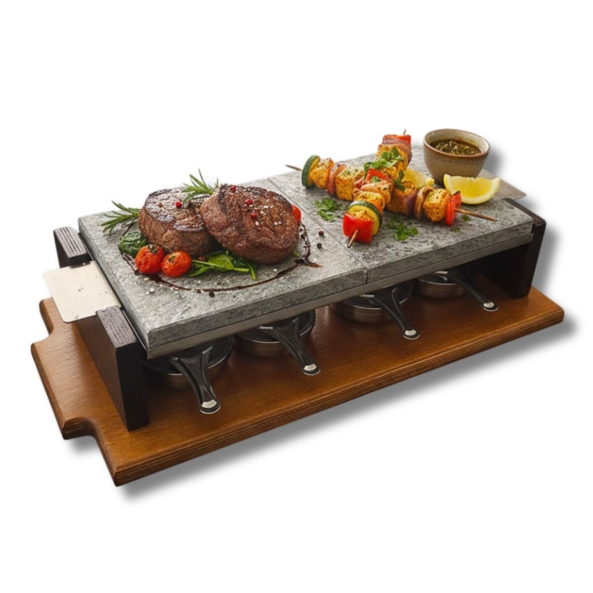 Piedra Volcánica para Asar de 20x40x2,5 cm especial Chuletón con 4 quemadores y levantador para manipular la piedra