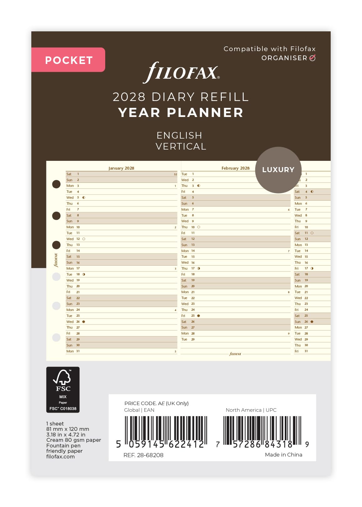 Filofax Pocket Vertical Year Planner 2028 cotton cream - 28-68208