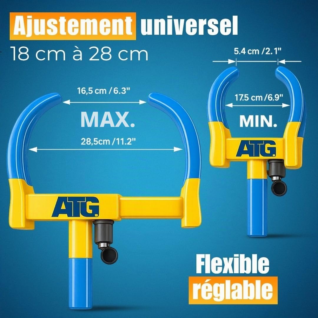 ATG Sabot de Roue Voiture & Remorque – Antivol Roue Universel pour Auto, Caravane, Camping-car, Moto – Bloque Roue Sécurité Pneus 18–28 cm