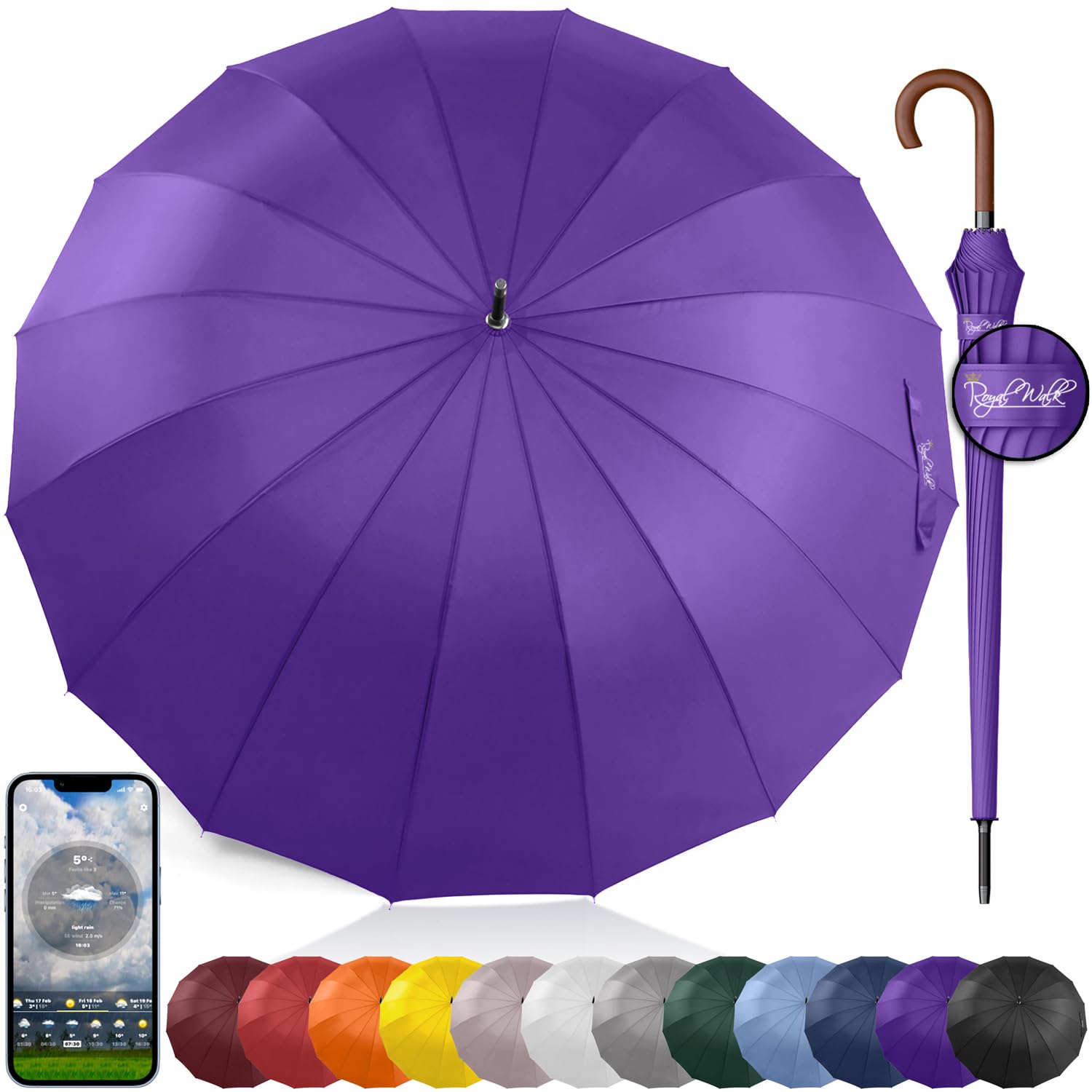 Royal Walk Large Umbrella for 2 Persons - 54 Inch Automatic Open, Windproof, Wind Resistant, Fast Drying, Strong 16 Ribs, Travel 120cm, Purple