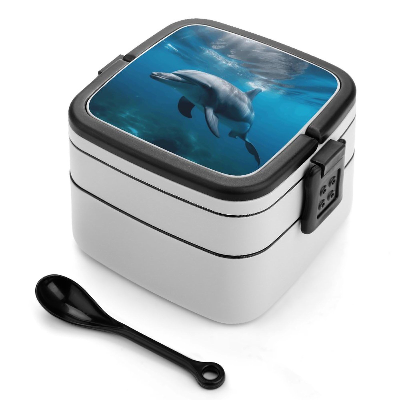 FekiLoot Dolphins in The Ocean1 Bento Box Adult Lunch Box Sealed Bento Lunch Boxes with Spoon Sturdy Double Layer Bento Boxes Snap-on Design Leak Proof Lunch Containers Ideal for Work
