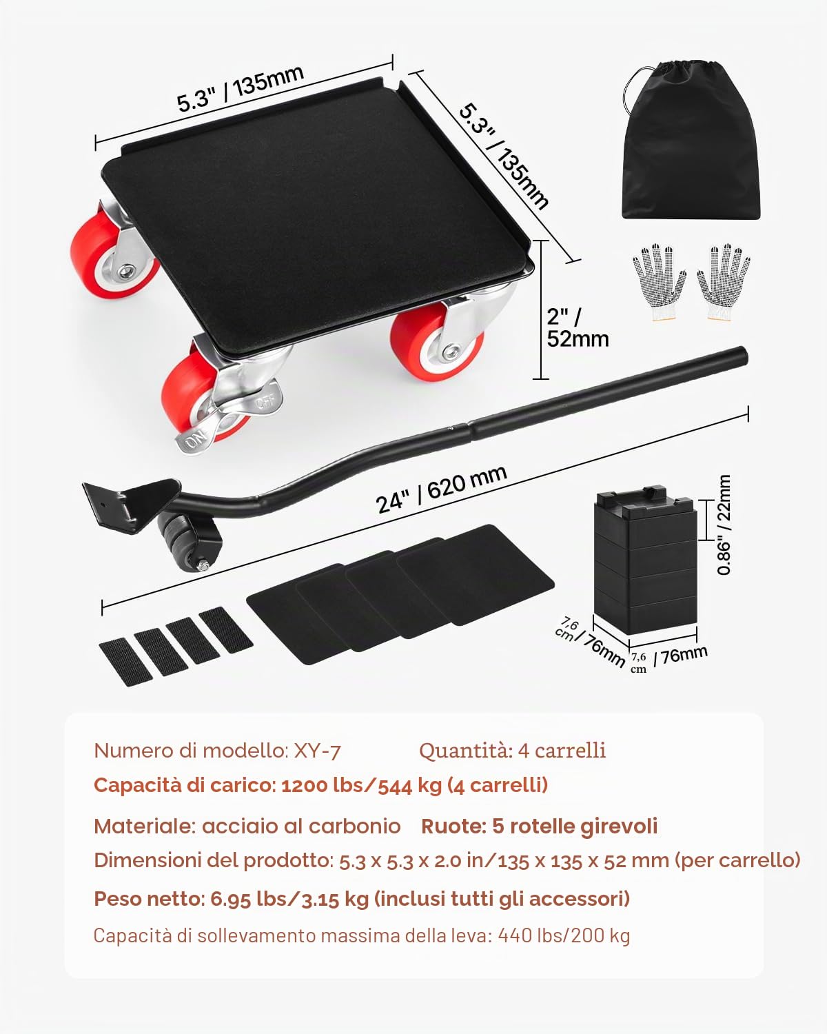 VEVOR Carrello per Mobili, Carico Massimo 544 kg, Trasportatore per Mobili Impieghi Gravosi con 5 Ruote Girevoli 360°, Pannello in Acciaio al Carbonio, Set Utensili Scorrevoli per Sollevamento Mobili