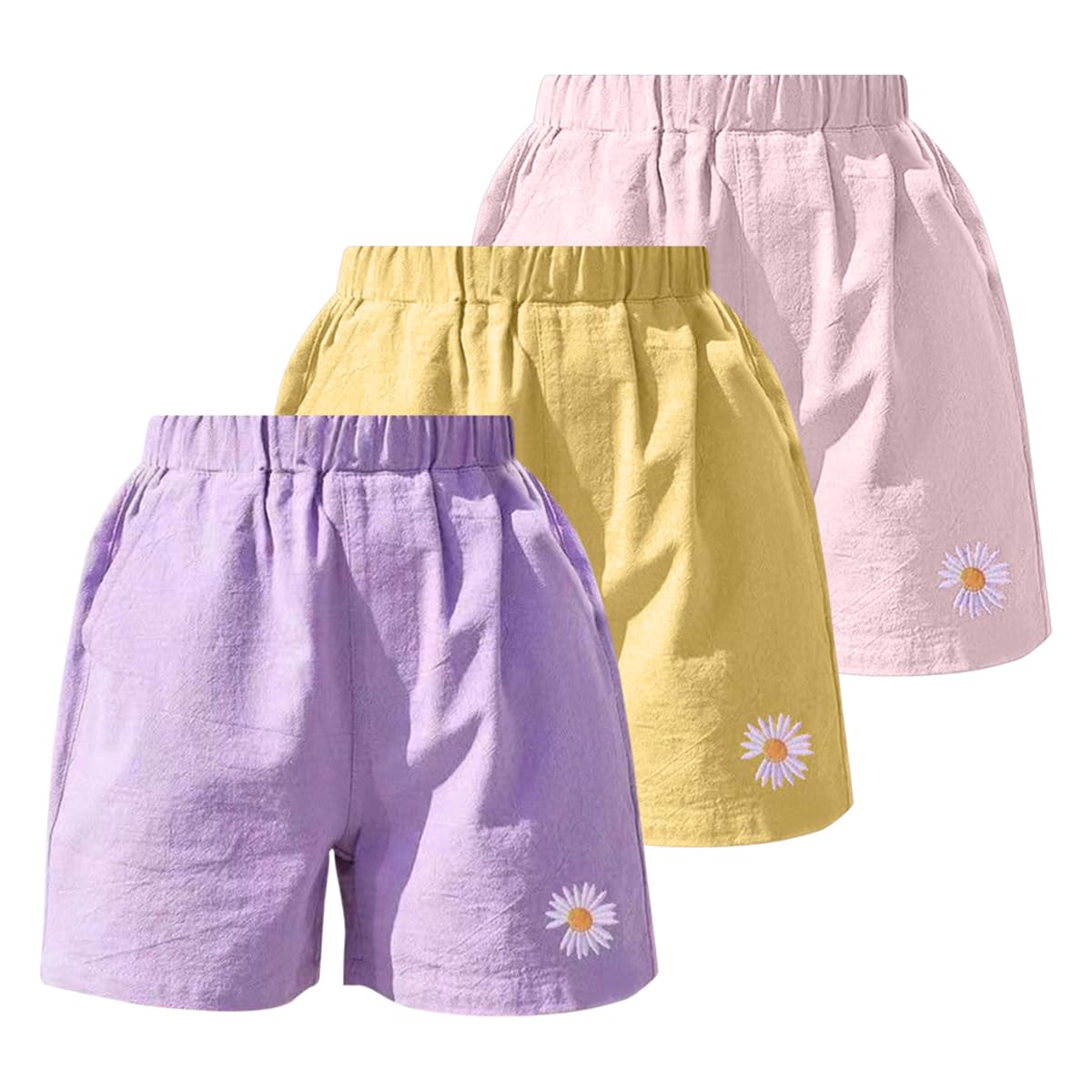 3er Pack Mädchen Shorts Hotpants Sommer Baumwolle Leinen Kurze Hosen mit Daisy Stickerei Baby Kinder Sommerhosen Leichte Atmungsaktive Einfarbige Lässige Kurz Hose Gr. 86/98/104/116/128/134/146