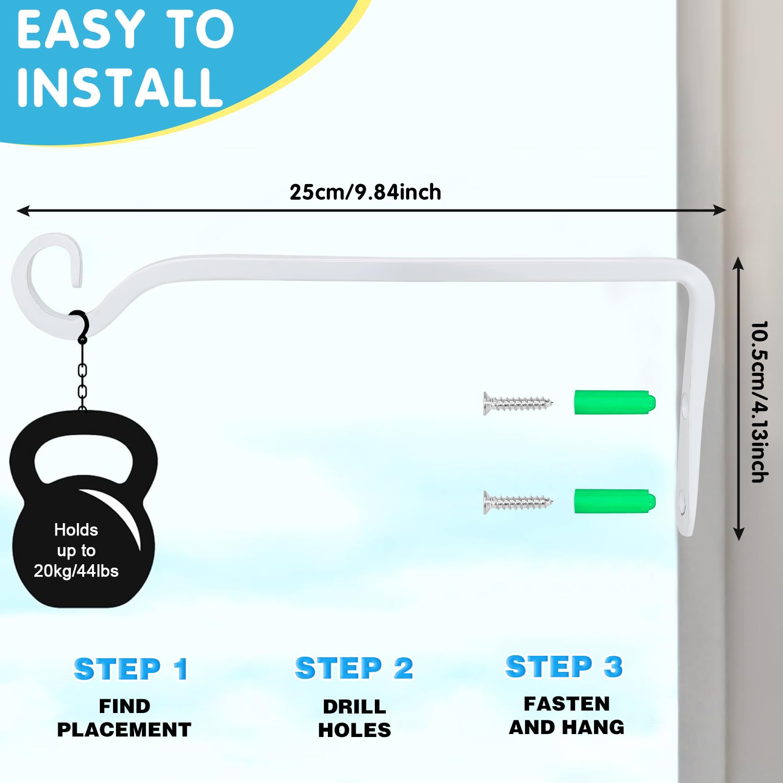 2 Pcs Gancho Para Macetas Pared 25cm Gancho Planta Colgante Blanco Gancho Faroles de Pared Gancho Colgador Para Macetas Para Comedero para Pájaros Linterna Interiores Exteriores, 44bls/20kg