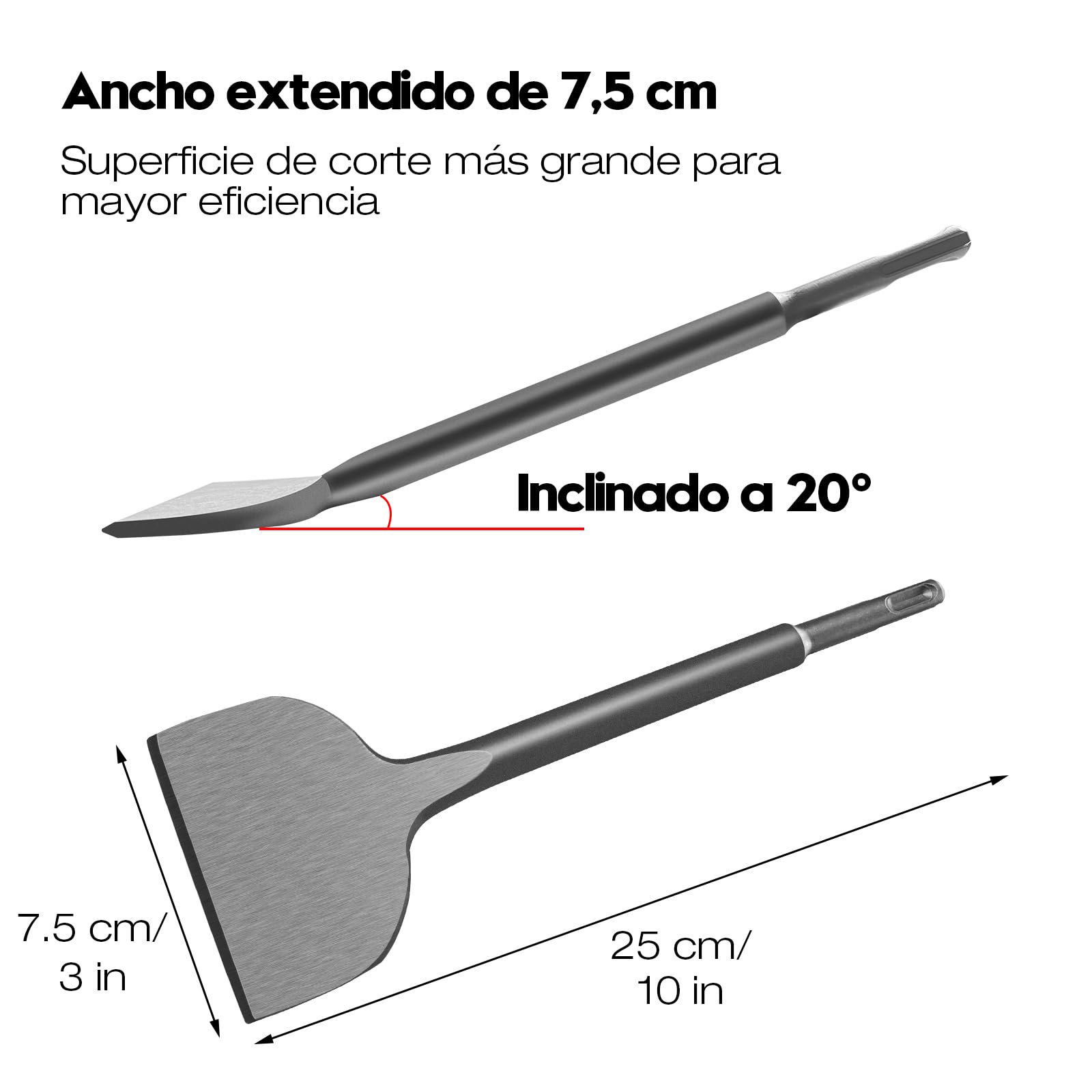 Juego de 2 Cincele SDS Plus, Cincel Plano y Angular de 20°, 250mm x 75mm, Acero Aleado 40Cr, Cinceles para Martillo Demoledor, Cincel SDS para Azulejos, Hormigón, Mampostería, Yeso
