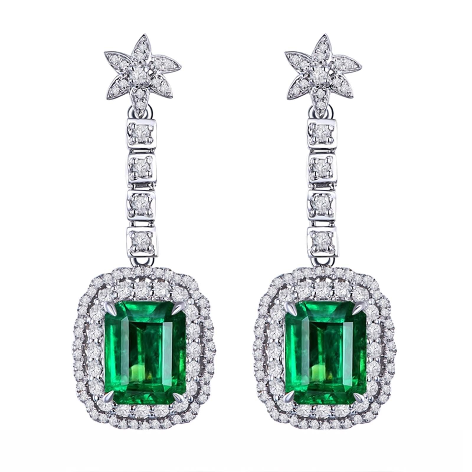 Pendientes de oro de 18 quilates / plata de ley 925, flores para mujer con laboratorio, esmeralda de corte rectangular de 2 quilates, pendientes de mujer con moissanite Au750 de oro pendientes