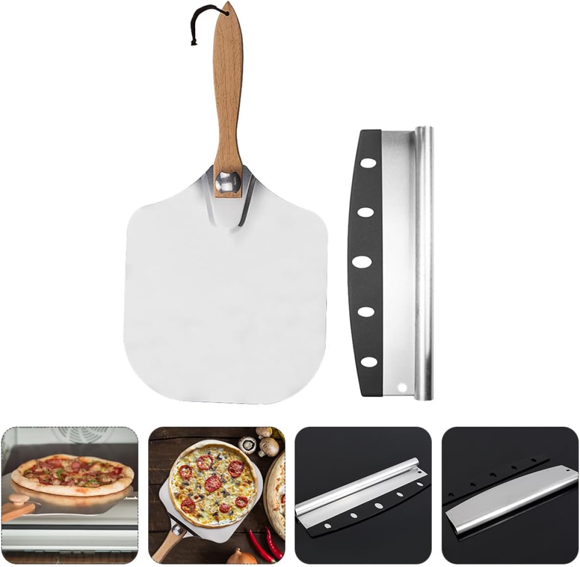 2 Pcs Aluminum Pizza Peel and Pancake Transfer Tool Set with Folding Wooden Handles, Non-stick Pizza Shovel and Stainless Steel Scraper for Kitchen Baking and Serving Random Color