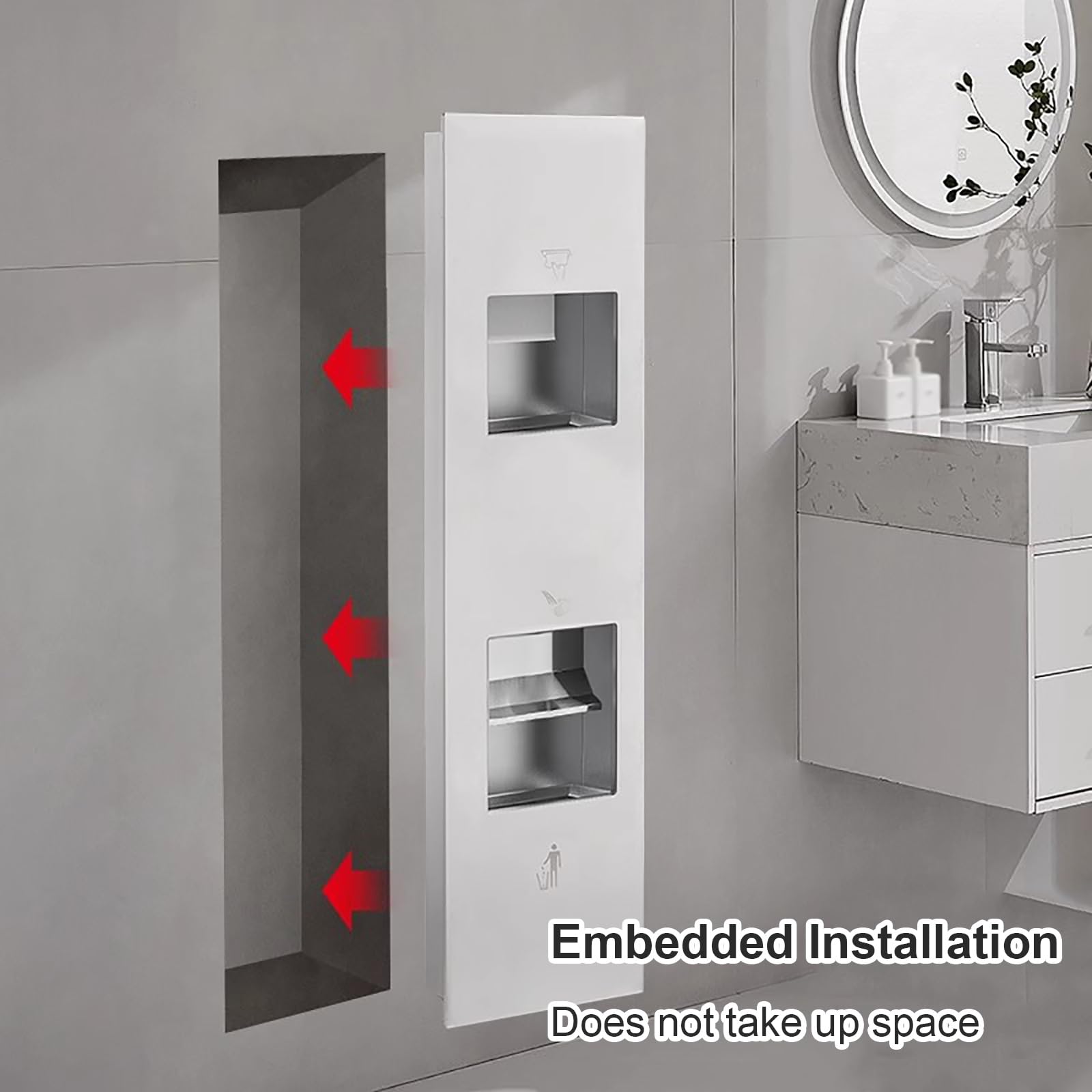 Dispensador Papel Secamanos Empotrado en Acero Inoxidable 304 con Cubo Basura, Dispensador de Papel de Manos, Cubo Basura Cocina, Ideal para Baños Alto Tránsito(Silver,750x310x150mm)