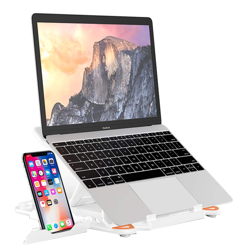 Adjustable Laptop Stand for Desk with Phone Stand and Heat-Vent,Portable Computer Riser,Ergonomic Tablet Elevator,Notebook Holder Mount,Rotatable&8 Multi Angle for 10-15.6'' Device -White