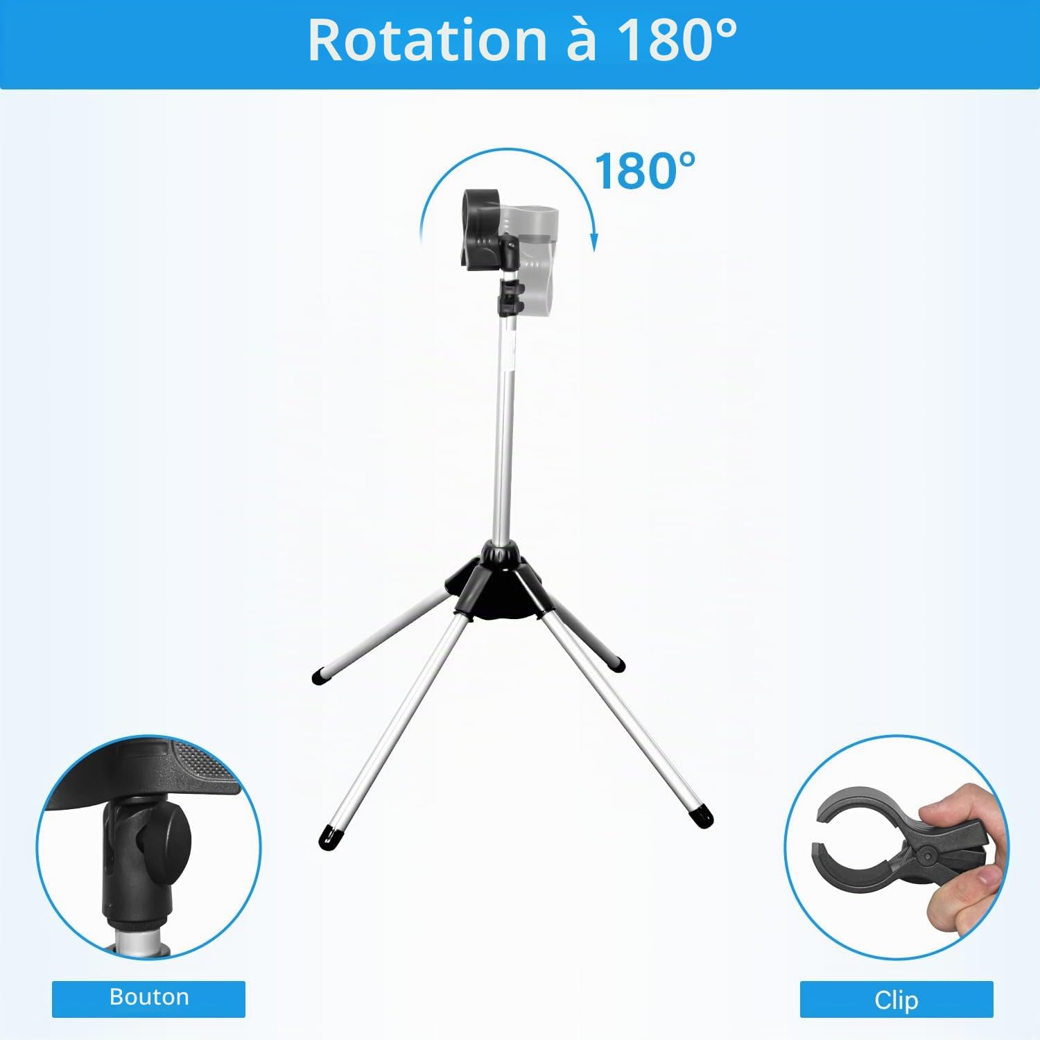 Support de sèche-cheveux mains libres avec rotation à 360 degrés, support de sèche-cheveux réglable avec trépied et clip universel, support rotatif à 360 degrés pour salle de bain, coiffeuse, salle de