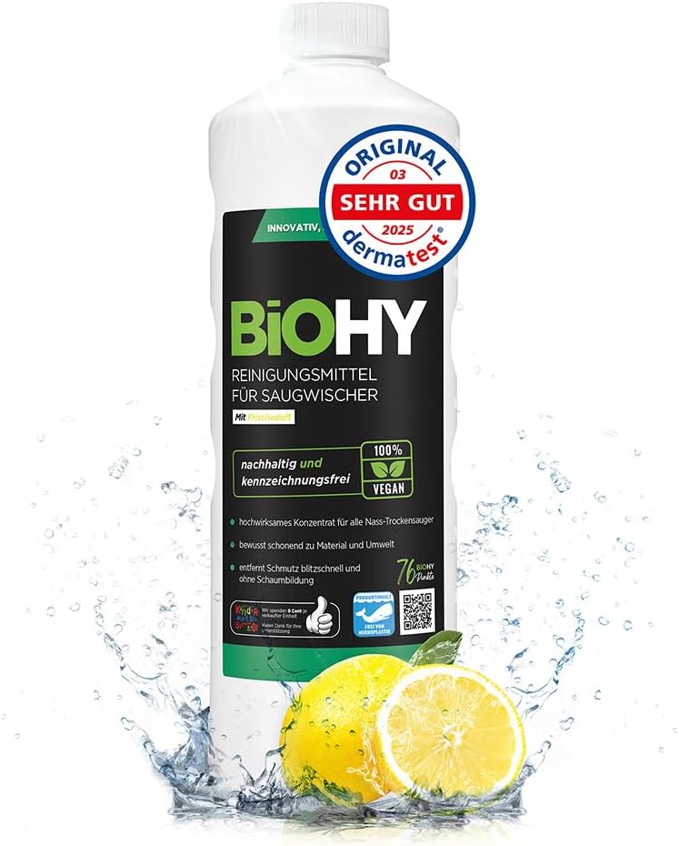Product image of BiOHY Reinigungsmittel für Saugwischer mit Frischeduft (1l Flasche) | 1:200 Konzentrat für alle Nass-Trockensauger | ideal für Fliesen, PVC, Parkett, Laminat & Teppich | streifenfreier Glanz