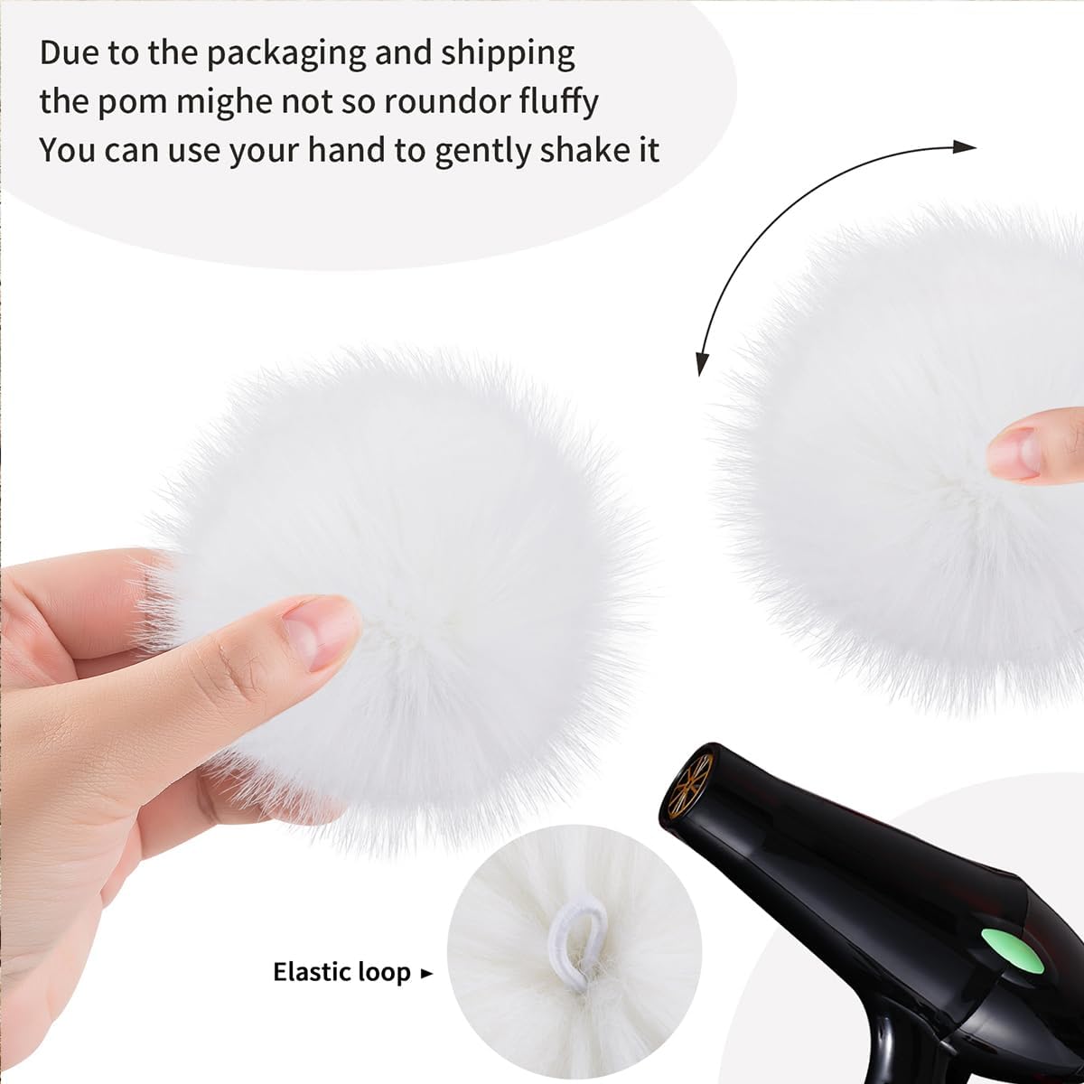 Homtable 6IN Large Faux Fur Pompoms, 4 Pieces Big Pom Pom Balls Fluffy Pompom Ball with Elastic Loop for Shoes Scarves Gloves Scarves Bag Key Chain Charms Accessories (White) - Image 4