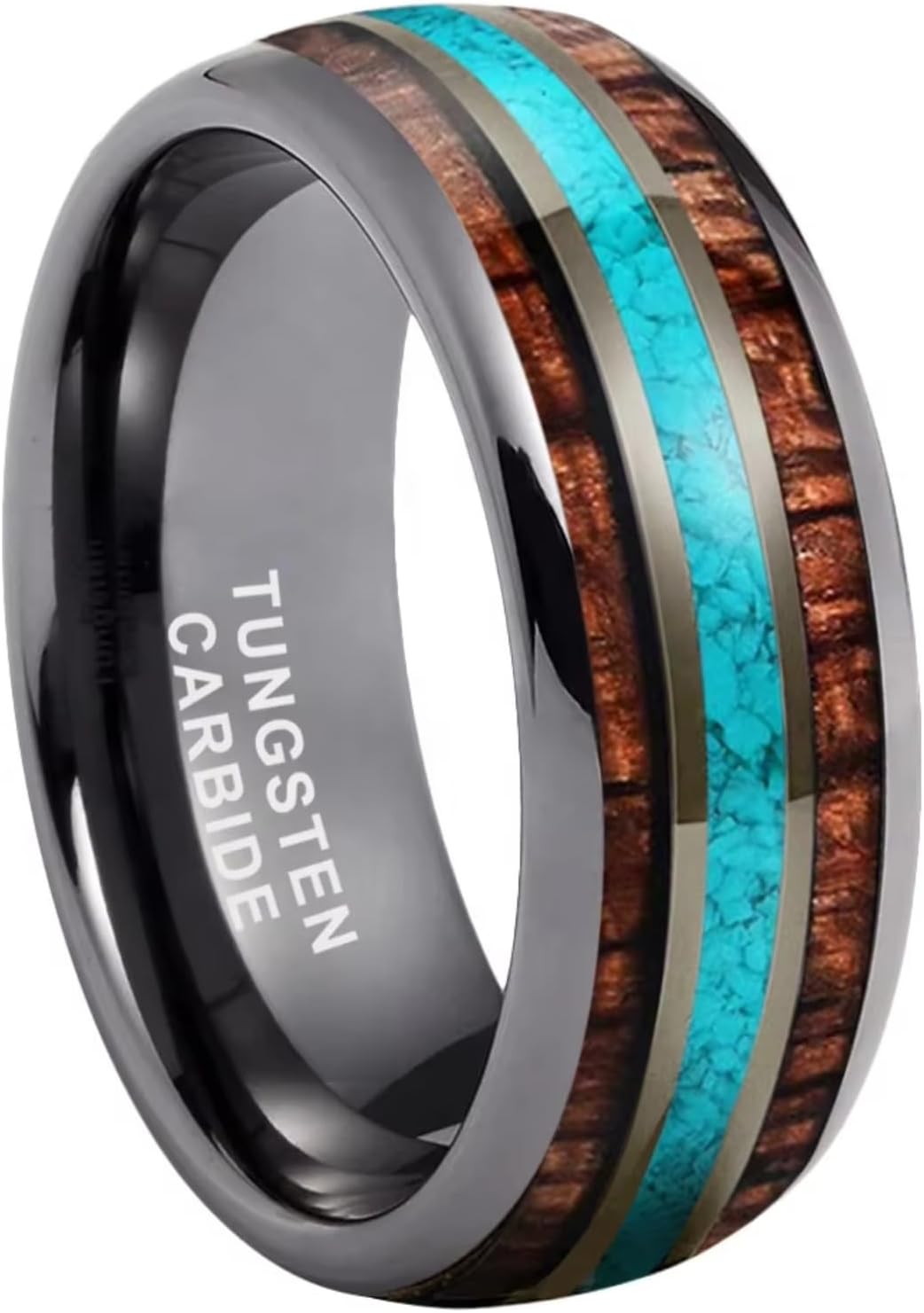 Jewelry 8mm Gunmetal Tungsten Ring for Men Women Crushed Turquoise Koa Wood Inlay Engagement Wedding Band