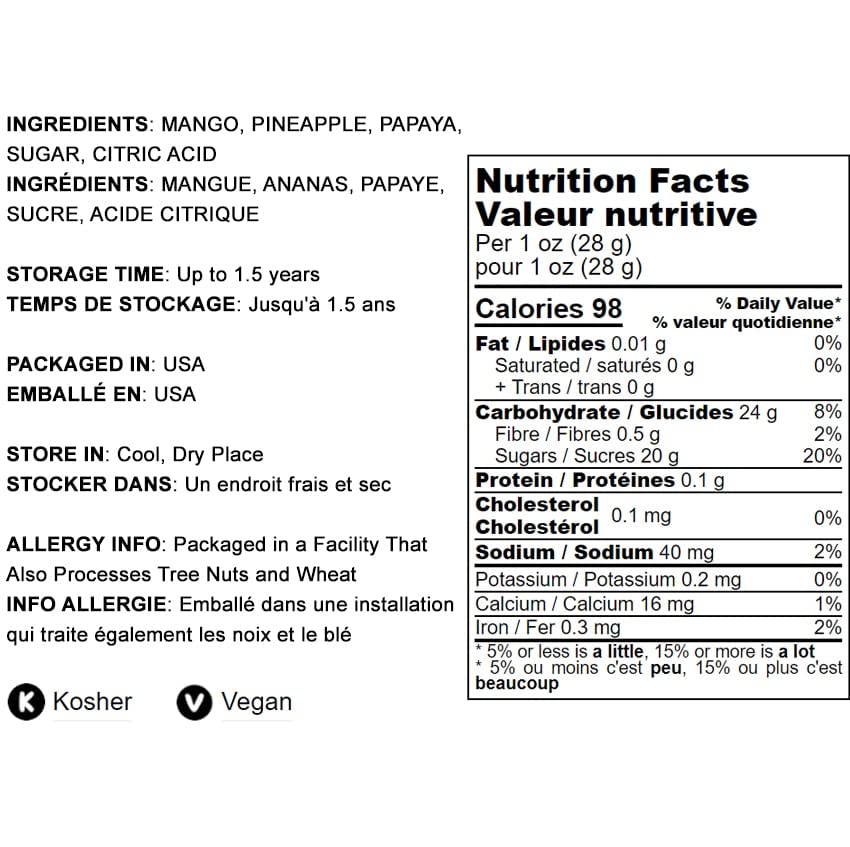 Miniatura 4 de Mezcla de frutas en cubitos, 4 onzas  Contiene mango Dreid y cortado en cubitos, piña, papaya. Bocadillo vegano endulzado, sin sulfuro, confitado,