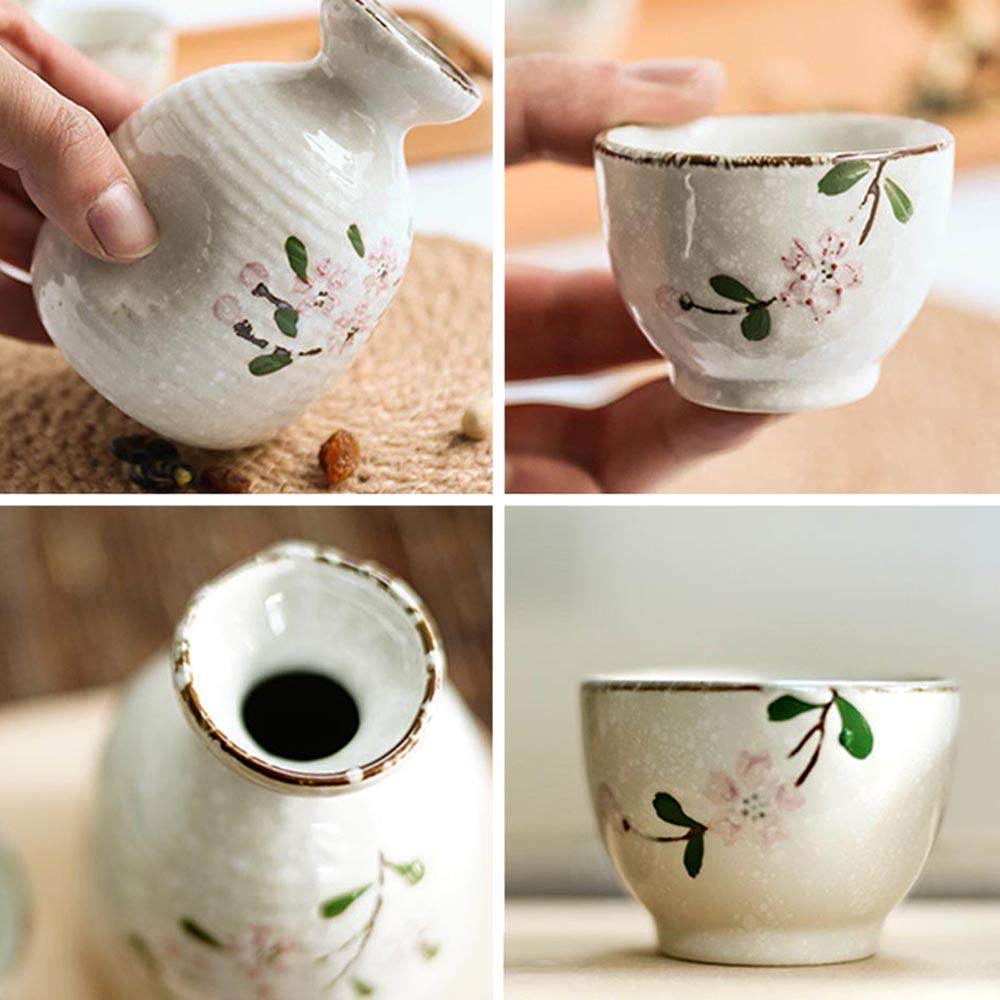 Juego de Sake japonés de 3 Piezas, Juego de Tazas de Sake de Sakura Pintado a Mano, Esmalte de Copo de Nieve de cerámica, para frío/Calor/Shochu/té Familiares y