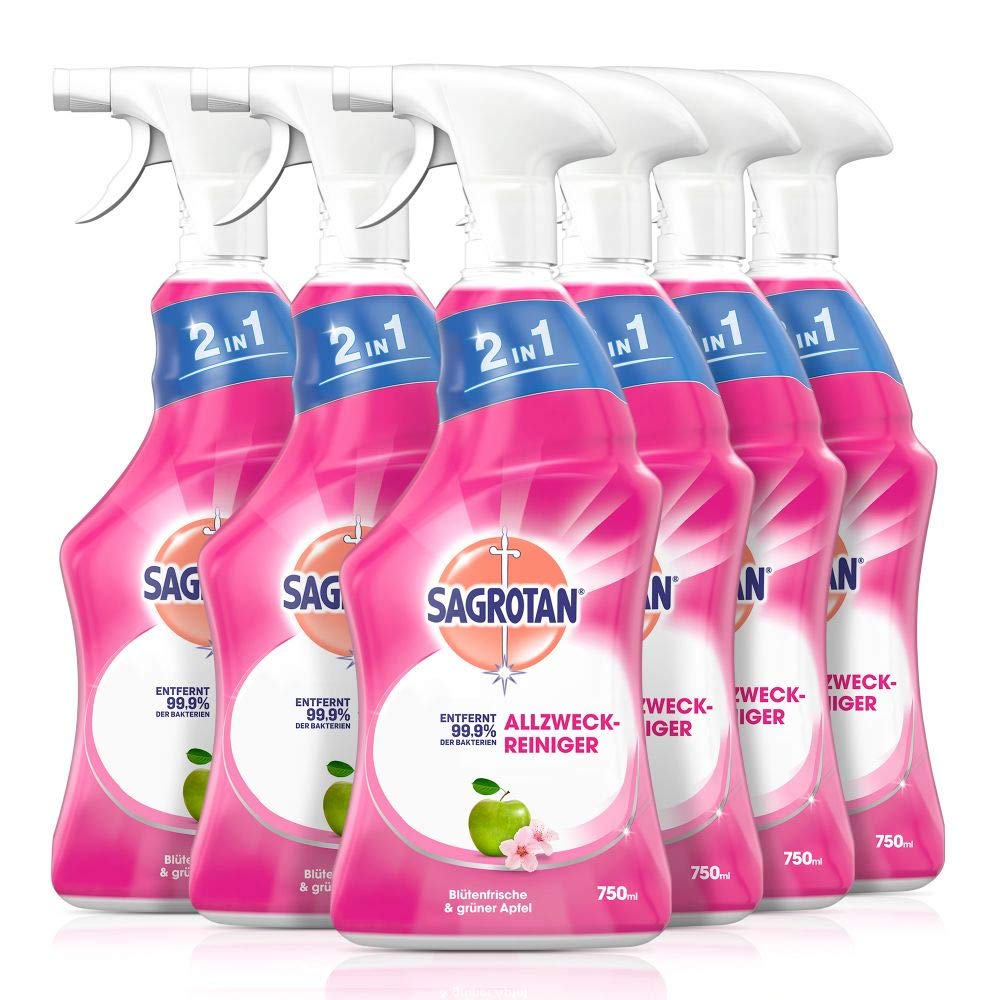 SagrotanAllzweck-Reiniger – 2in1 Desinfektionsmittel für die zuverlässige Reinigung von Oberflächen – 6 x 750 ml Sprühflasche