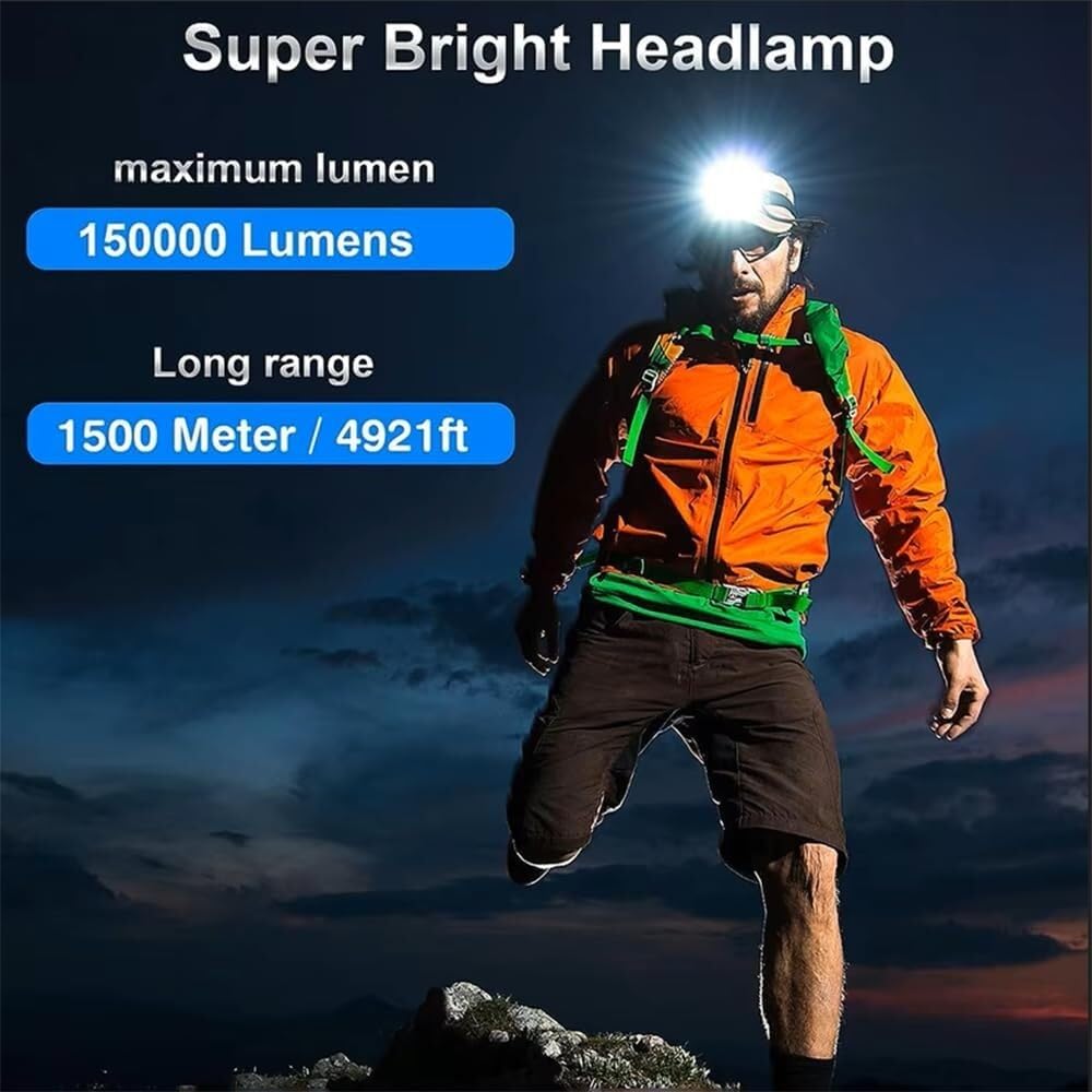 Lampe Frontale LED Longue portée Rechargeable par USB, Lampe Frontale d'extérieur Haute Puissance, Lampe de pêche