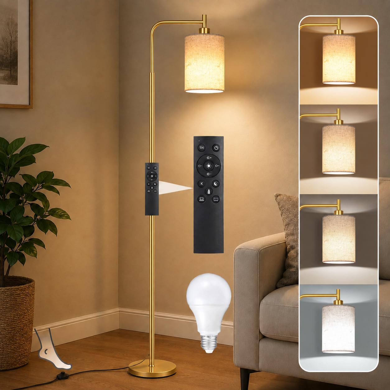Floor Lamp with Remote Control, Dimmable LED Standing Lamp with Linen Shade